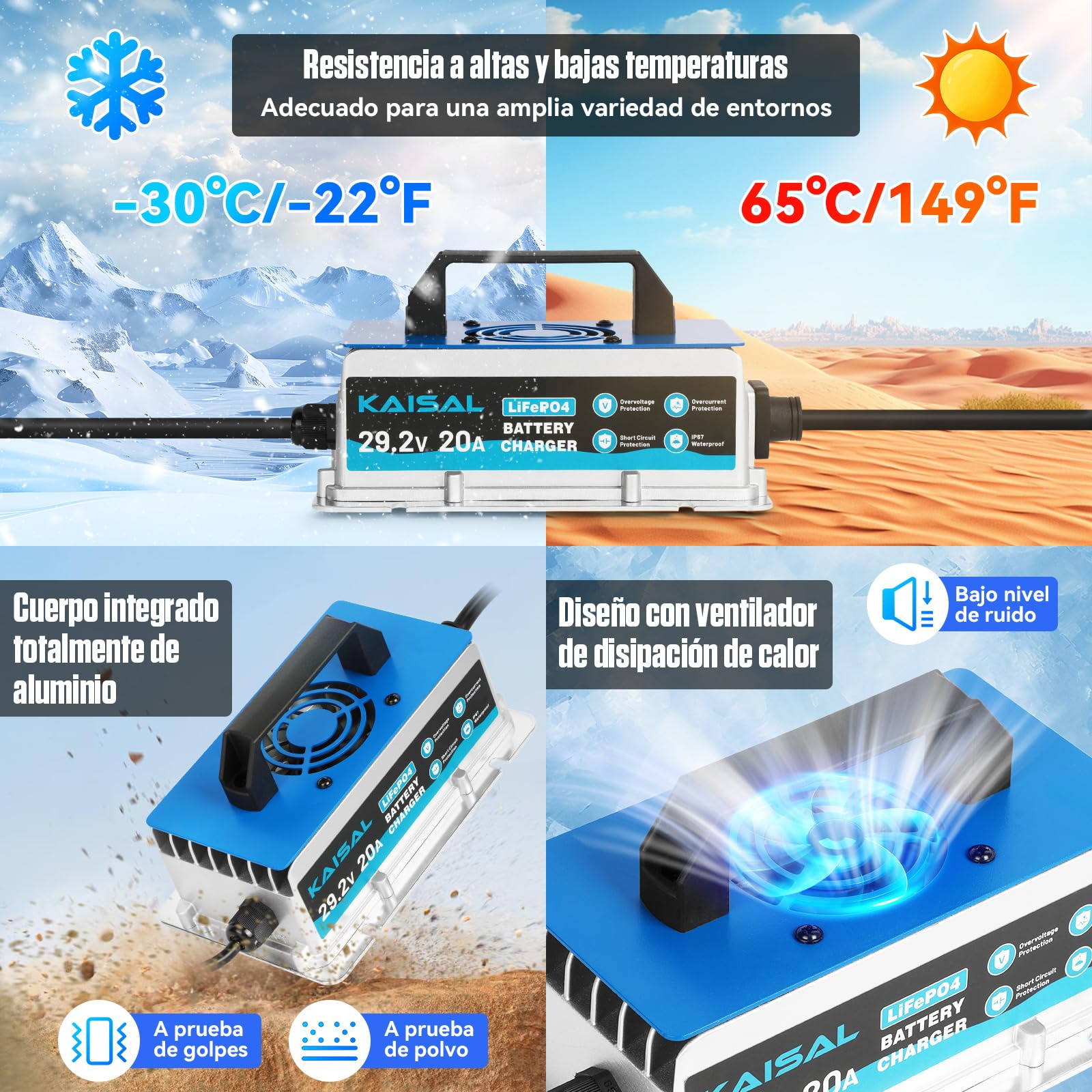 KAISAL 29.2V 20A Cargador de Bateria Litio, Cargador de Baterías LiFePO4 para 24V(25.6V) Batería Litio, Impermeable IP67, 24V Cargador Inteligente para Carrito de Golf, Autocaravanas, Barcos, Solar