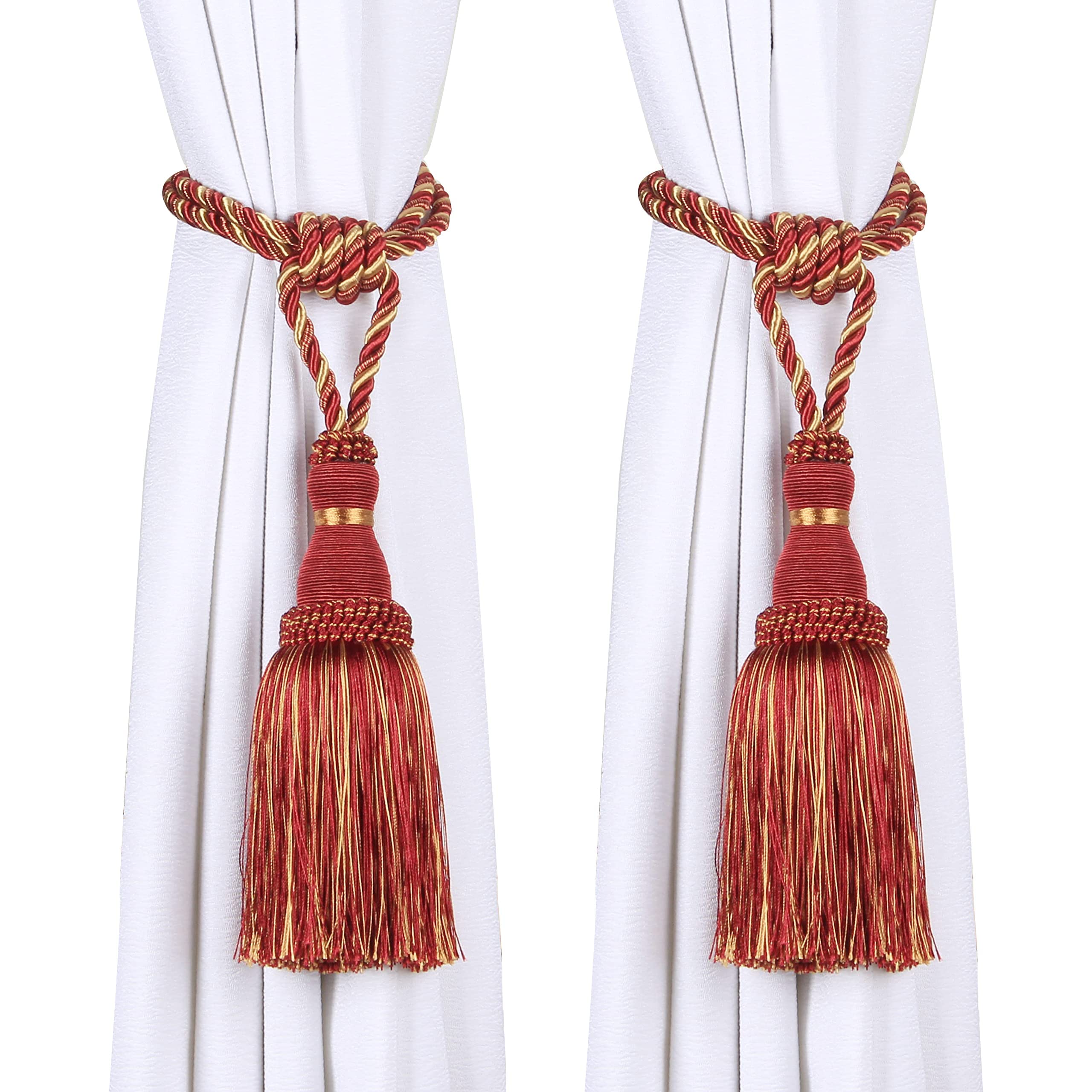 Tassel Curtain Tiebacks， Braided Rope Curtain Tiebacks With Tassels, Multicolor, 2/4 Pcs(Red,2pcs)