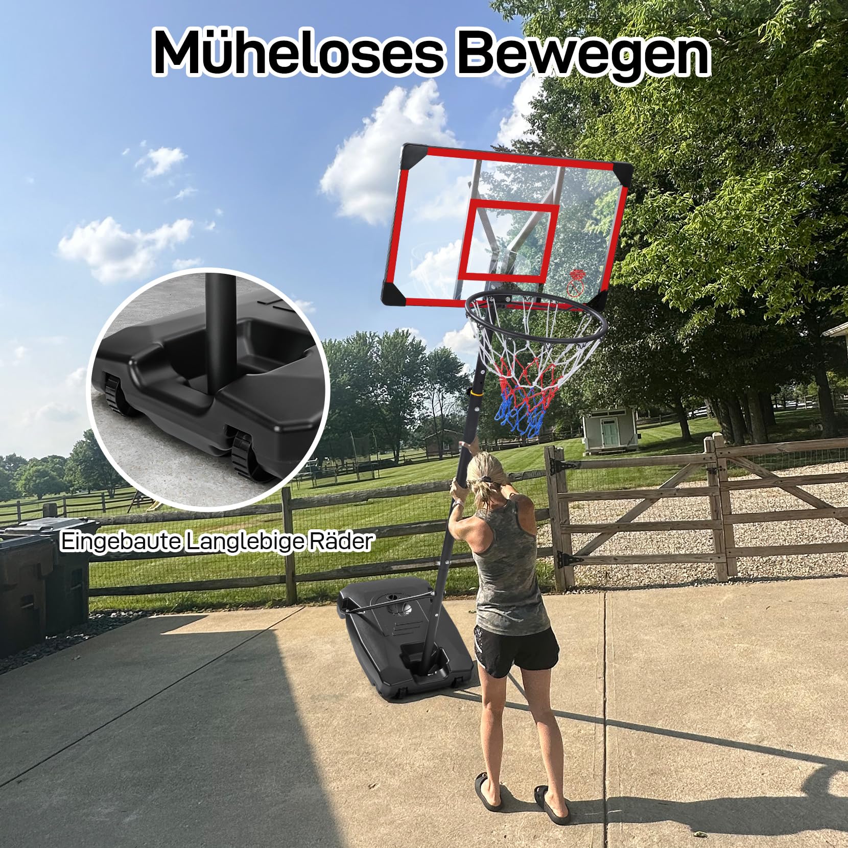 Yohood Basketballkorb Outdoor für Kinder, Höhenverstellbar 147-260cm, mit Rollen Tragbar, 82x53cm PC Rückwand