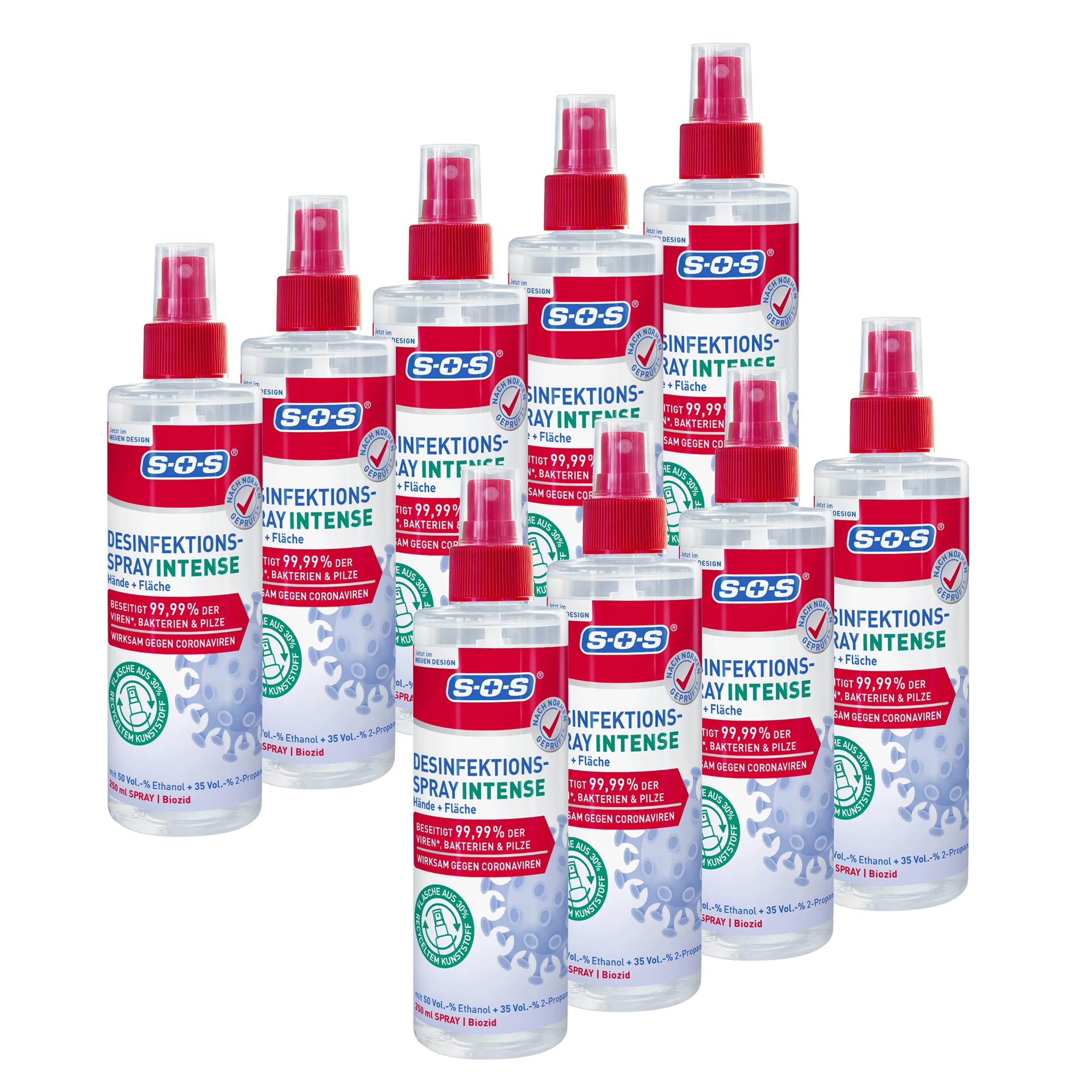 SOS Desinfektionsspray INTENSE für Hände + Flächen | beseitigen 99,99% der Bakterien, Pilze, Viren* (zB Herpes- Grippe- und Noroviren) | erweitertes Wirkspektrum**| 9 x 250ml