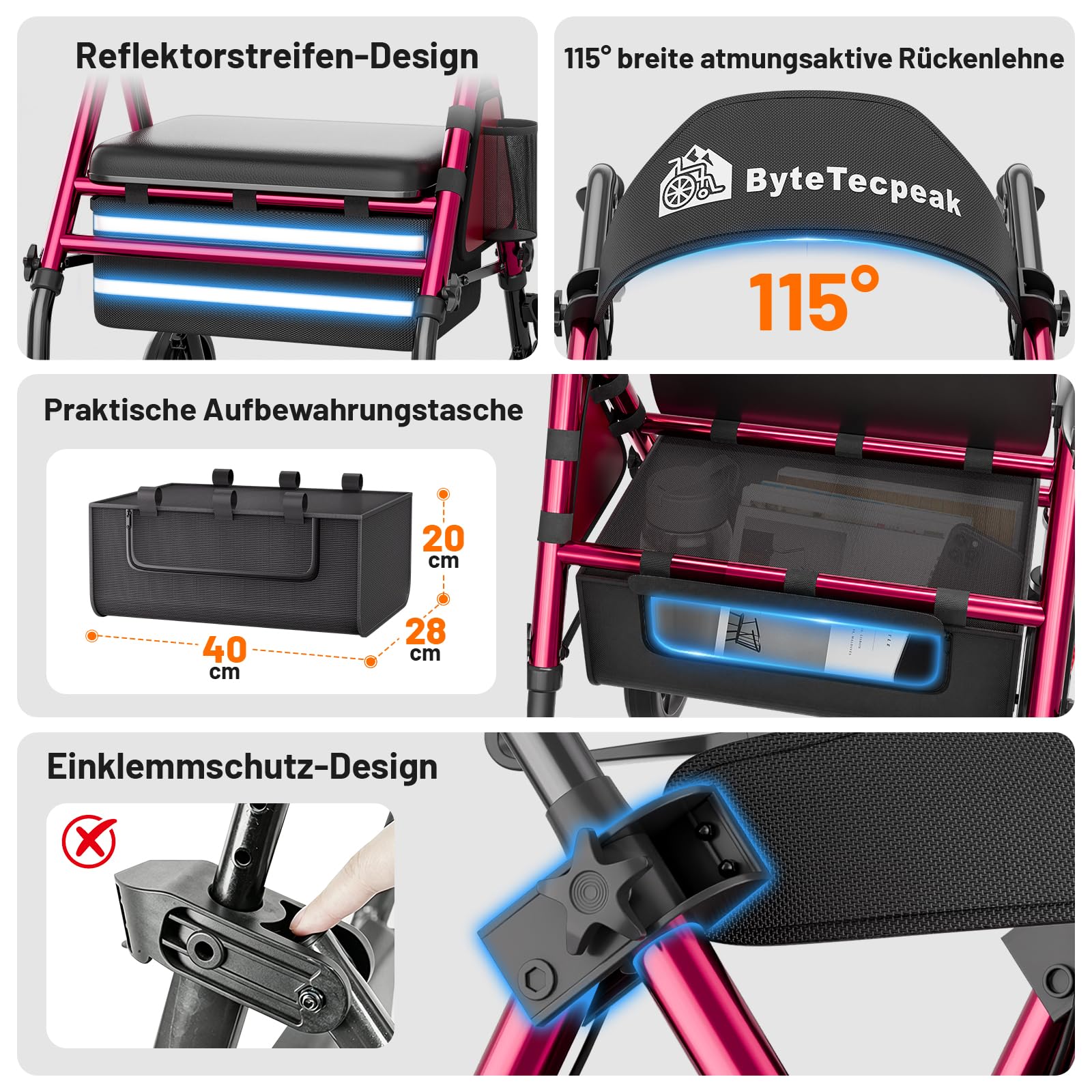 R4 Rollator faltbar und leicht mit Sitz, Rollatoren schmal für Wohnung, Rollatoren für Senioren klappbar mit 20 cm Reifen für All-Terrain, Sitz- und Griffhöhe verstellbar