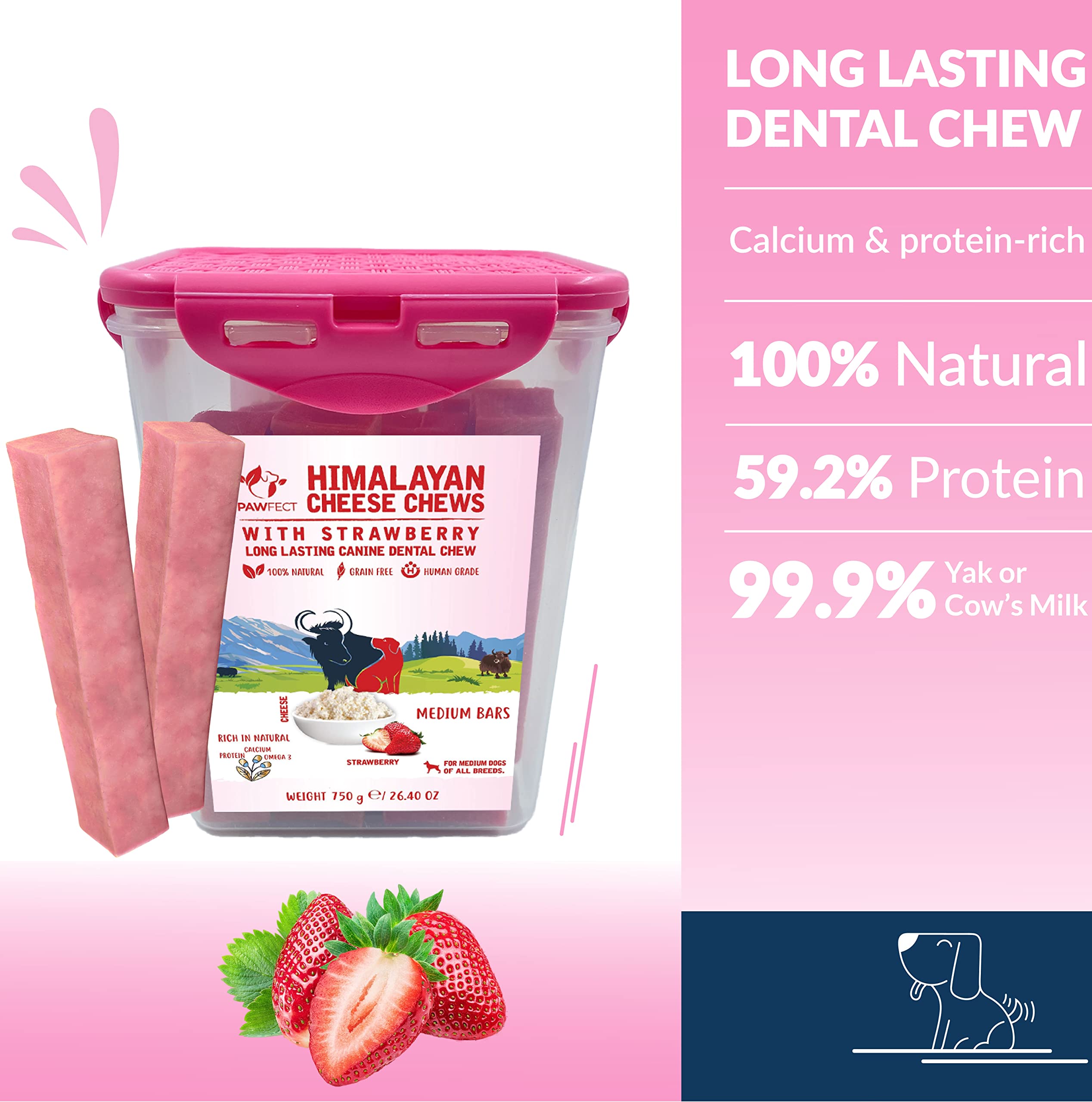 Pawfect Himalayan Cheese Chew Strawberry Bars (Medium, 10-Pack Tub, 750g/26.45oz), Natural Dental Treats for Dogs, Grain-Free - Image 3