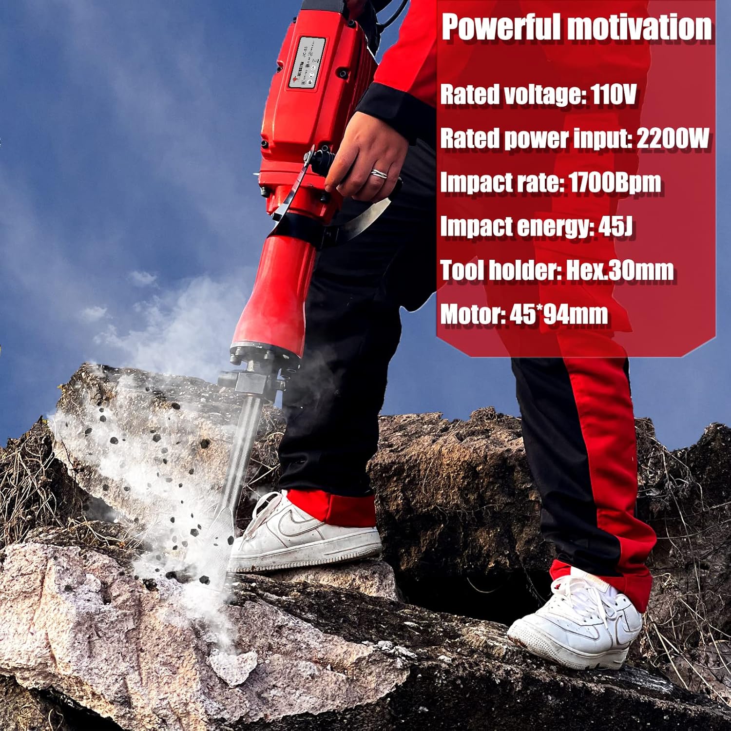 Person using JACKCHEN Demolition Electric Jack Hammer on rocks, with key specifications overlaid.