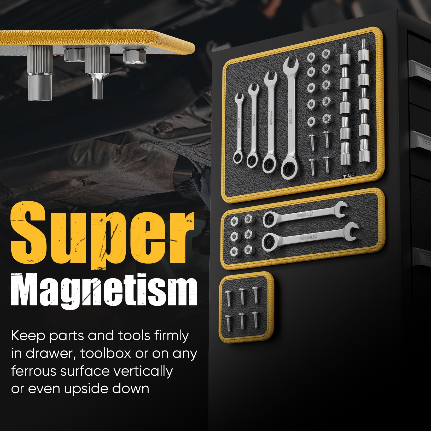 SHALL 3-Piece Magnetic Tool Parts Mat and Telescoping Magnetic Pickup Tool, Flexible Magnetic Tool Holder Pad W/ 83 Built-In-Magnets & 25LBS Pull Force Extendable Magnet for Mechanic Wrench Screw Bolt — Amazon image 3
