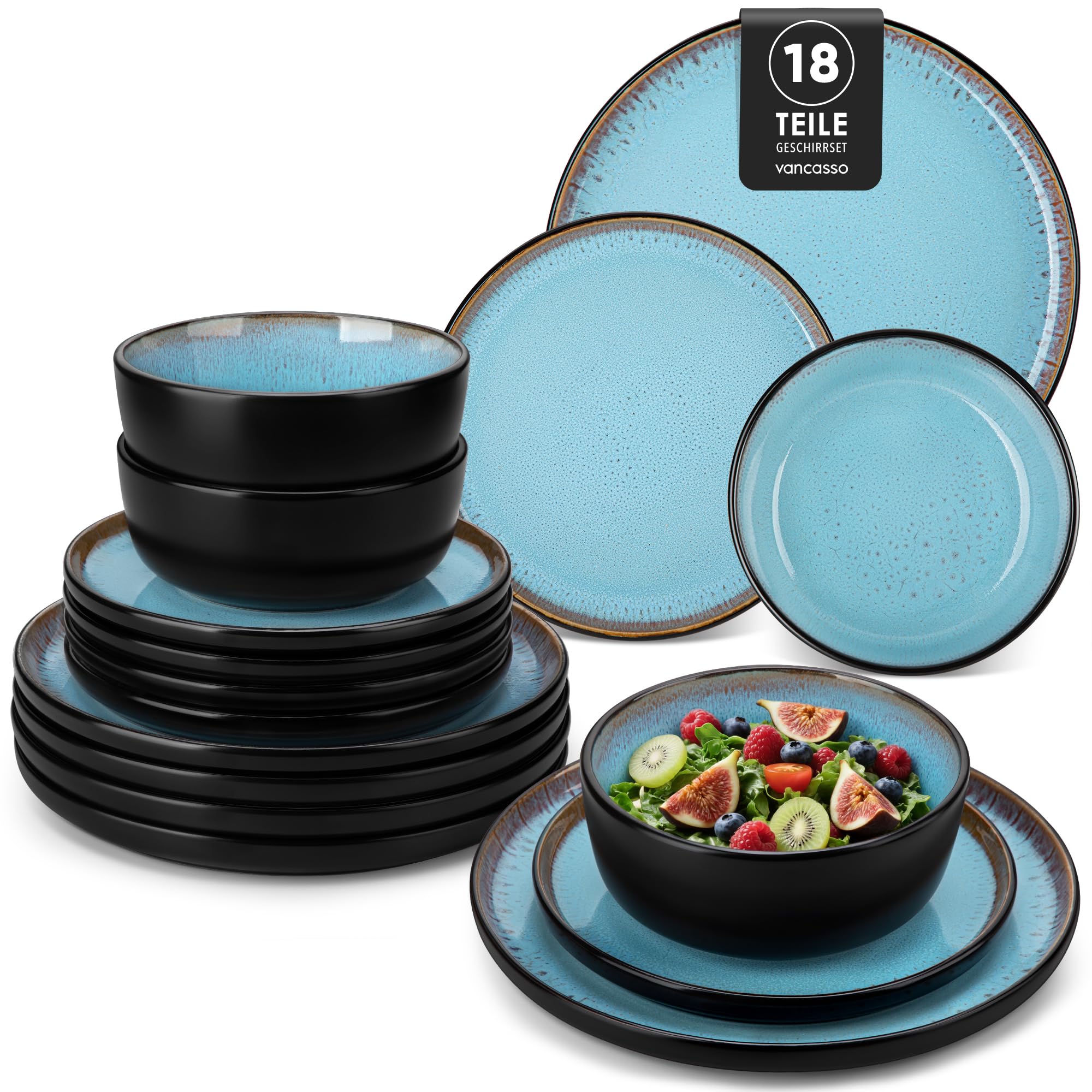 vancasso Plates and Bowls Sets, 18 Pieces Stoneware Dinnerware Sets for 6, Kitchen Dish Set Mircowave and Dishwasher Safe Dinner Set Ceramic Dishware, Sky Blue, Series AMBER ( One Bowl is betoken)