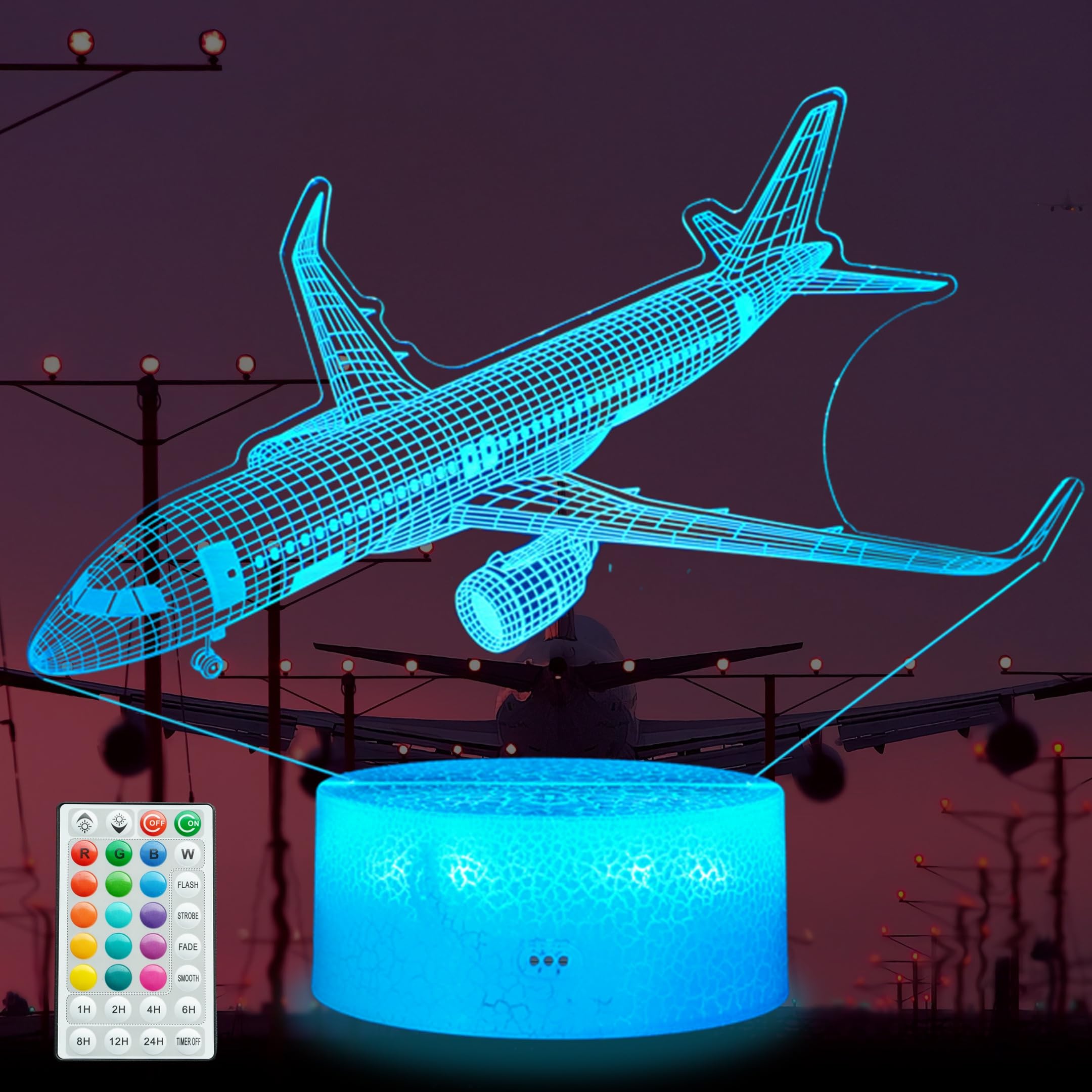 POSSHE Airplane Night Light, Plane Gifts, Aviation 3D Illusion Night Light with 16 Colors Changing, Remote Control with Timer, Kids Room Decoration for Holiday Birthday Christmas
