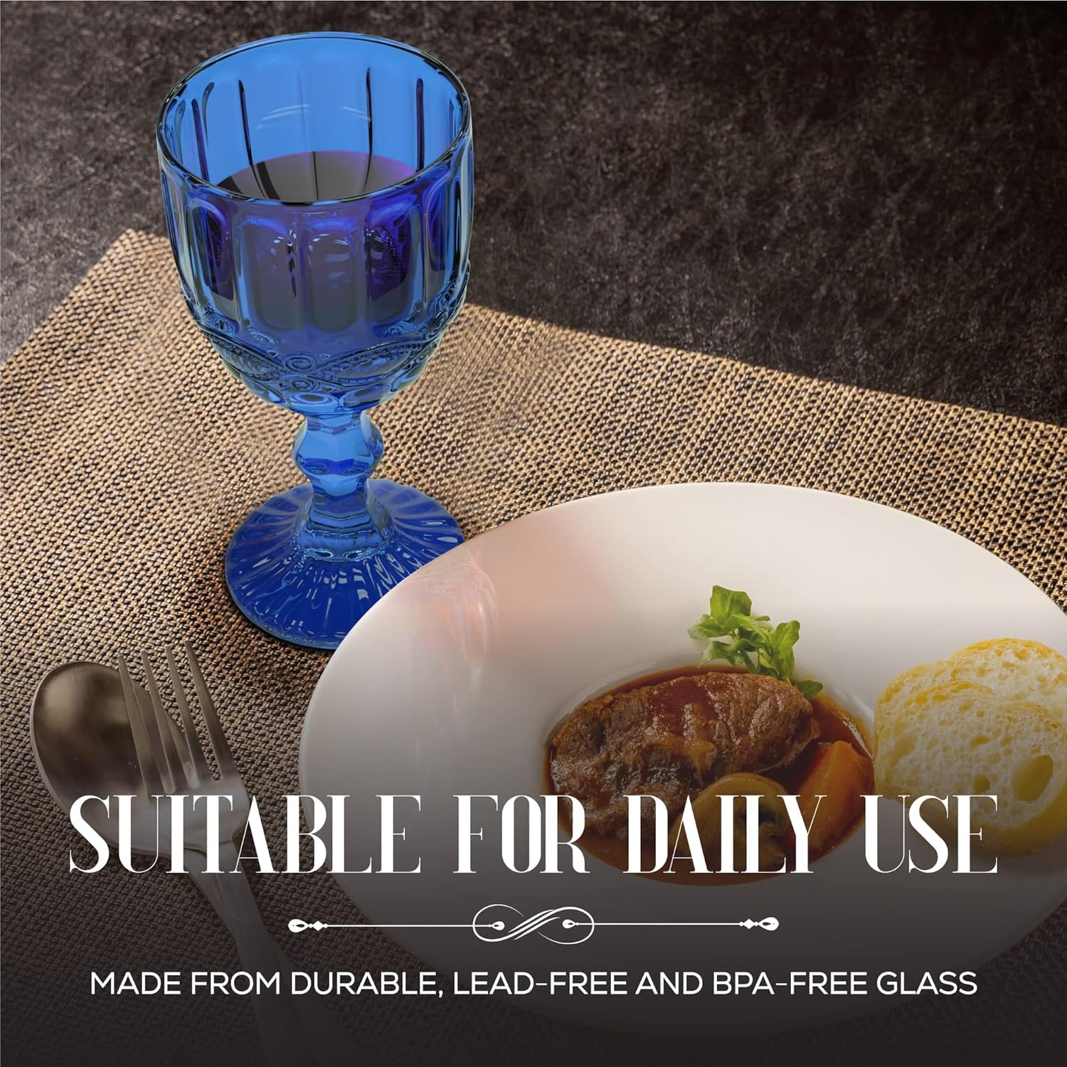 Elle Decor Stylish Glass Goblets, Set of 6-8.4oz Stemmed Wine Glasses for Red/White Wine - Elegant Drinkware for Entertaining, Special Occasions, Dinner Parties, Summer Celebrations (Blue)