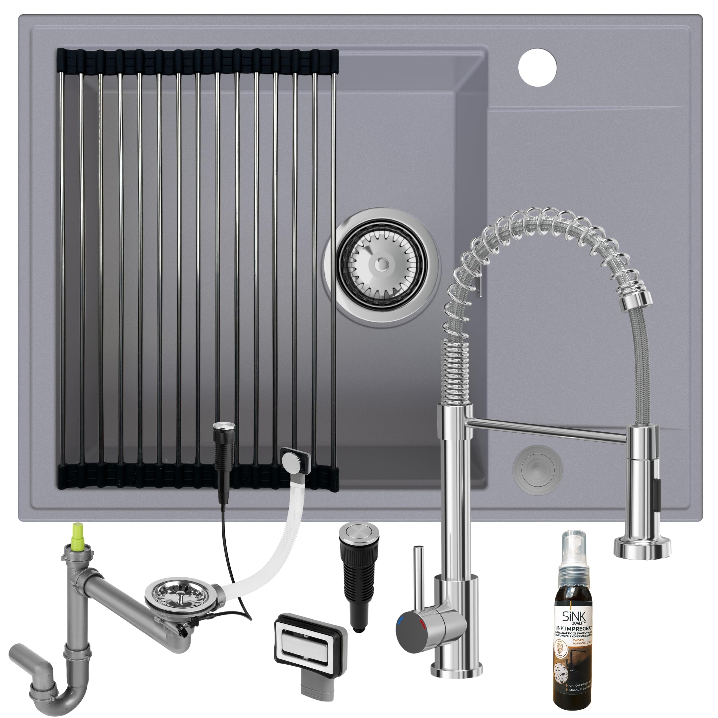 SINK QUALITY zlewozmywak szary z zestawem armatury 62x46 - zlewozmywak z kranem, syfon PUSH, ociekacz, środek impregnujący - kompletny zestaw zlewozmywaka kuchennego do szafki dolnej 55