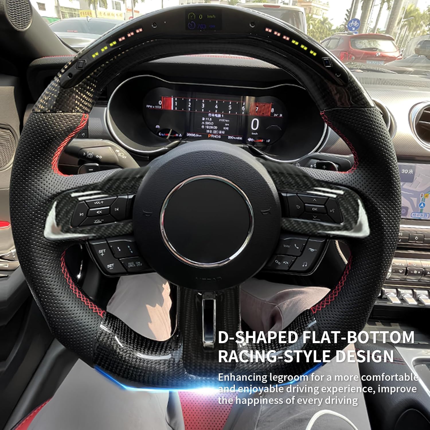 Carbon Fiber Steering Wheel for Mustang EcoBoost/GT/Shelby GT350/GT350R 2015-2017, LED Shift Indicator Racing Display, D-shaped Flat-bottom Perforated Leather Grip with Replacement Trim