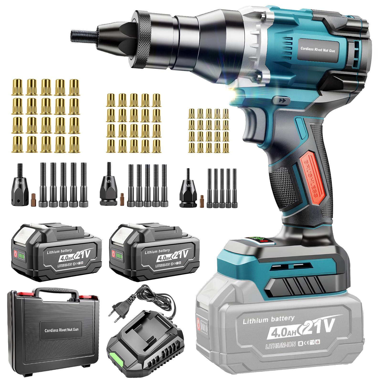 Yofuly Rivettatrice per Inserti Filettati a Batteria Compatibile con Makita 18V Batteria, Pistola Elettrico a Rivetti con 2 Batterie 4.0Ah | Modalità Automatica, con Dadi a Rivetto M6/M8/M10