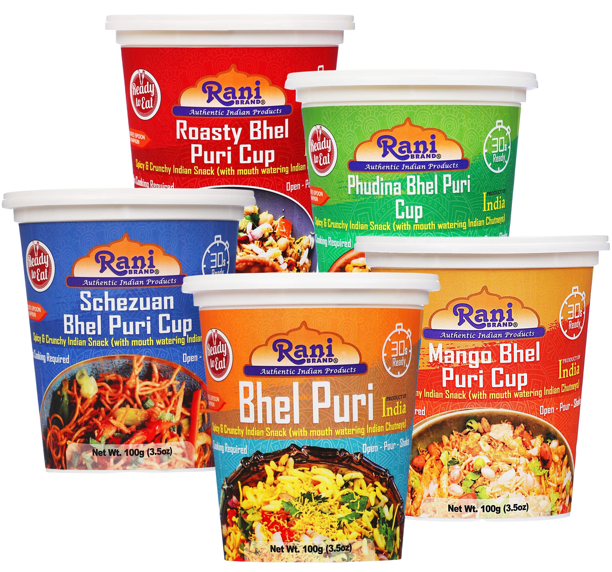 Rani Bhel Puri Cups 5 Flavors-in-1 Set (Regular, Roasty, Mango, Schezuan, Pudina) 3.5oz (100g), Pack of 5 ~ Spicy & Crunchy Indian Snack | Ready to Eat | Vegan | NON-GMO | Indian Origin