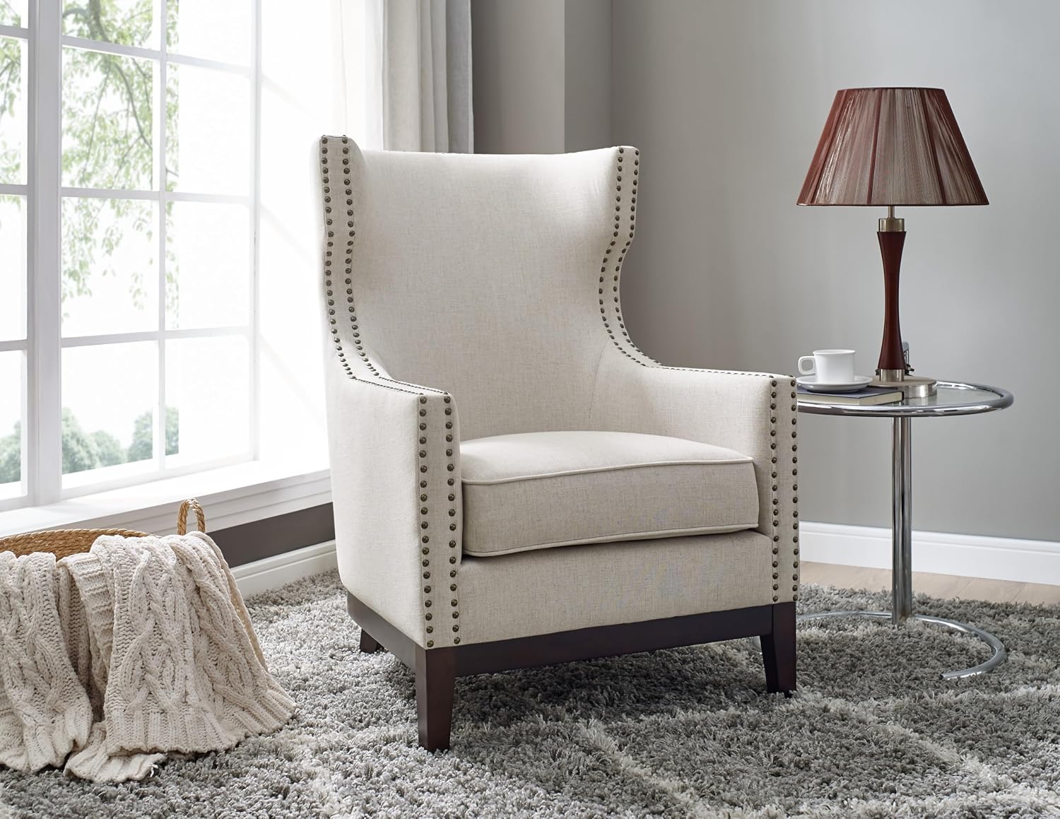Beige Linen Wing-Back Accent Chair with Nailhead Trim