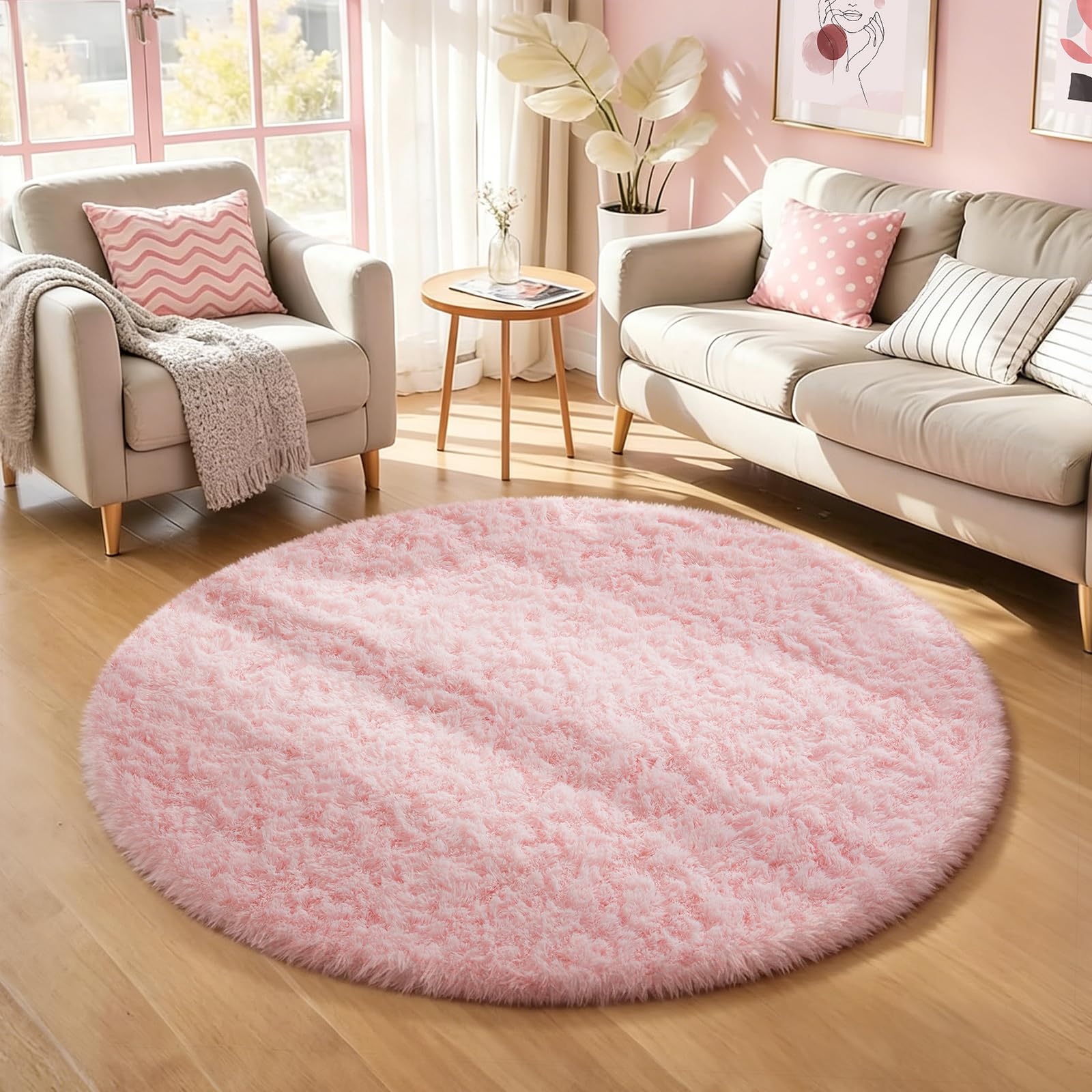 Ophanie Pink Round Rug for Bedroom Girls, Kids Fluffy Kawaii Fuzzy Shag Circle Circular Area Rugs, Cute Plush Small Carpet 4Ft 4 Foot, for Baby Home Living Room Decor Aesthetic with 99 pcs Pile fibers