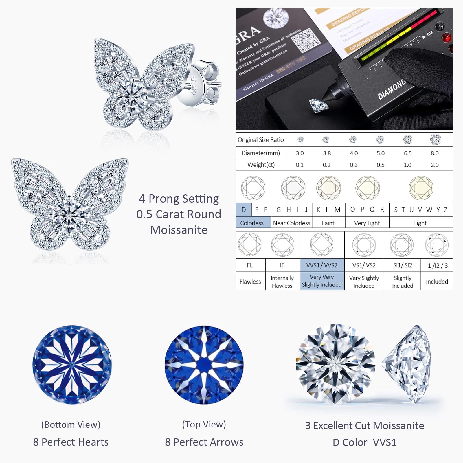 Damen Ohrringe Moissanite Schmetterling Ohrstecker Silber 925, Butterfly Ohrringe 1 Karat Funkelnde Ohr Schmuck mit Stein D-Farbe VVS1 Hypoallergen für Mutter Frau Freundin