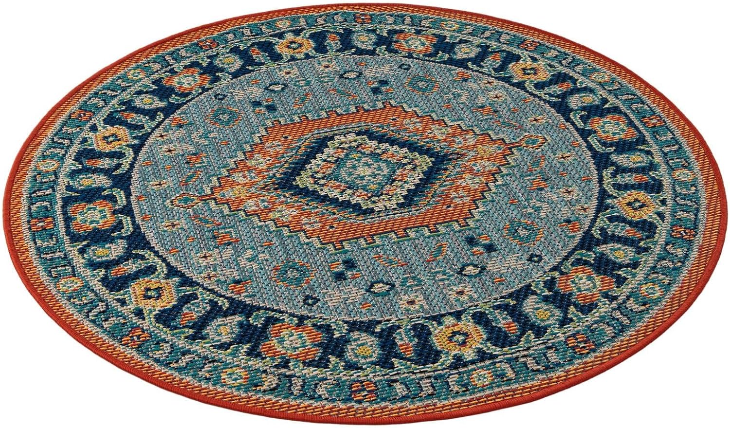 Rugs.com Baja Outdoor Collection Rug – 4 Ft Round Blue Medium-Pile Rug Perfect for Kitchens, Dining Rooms