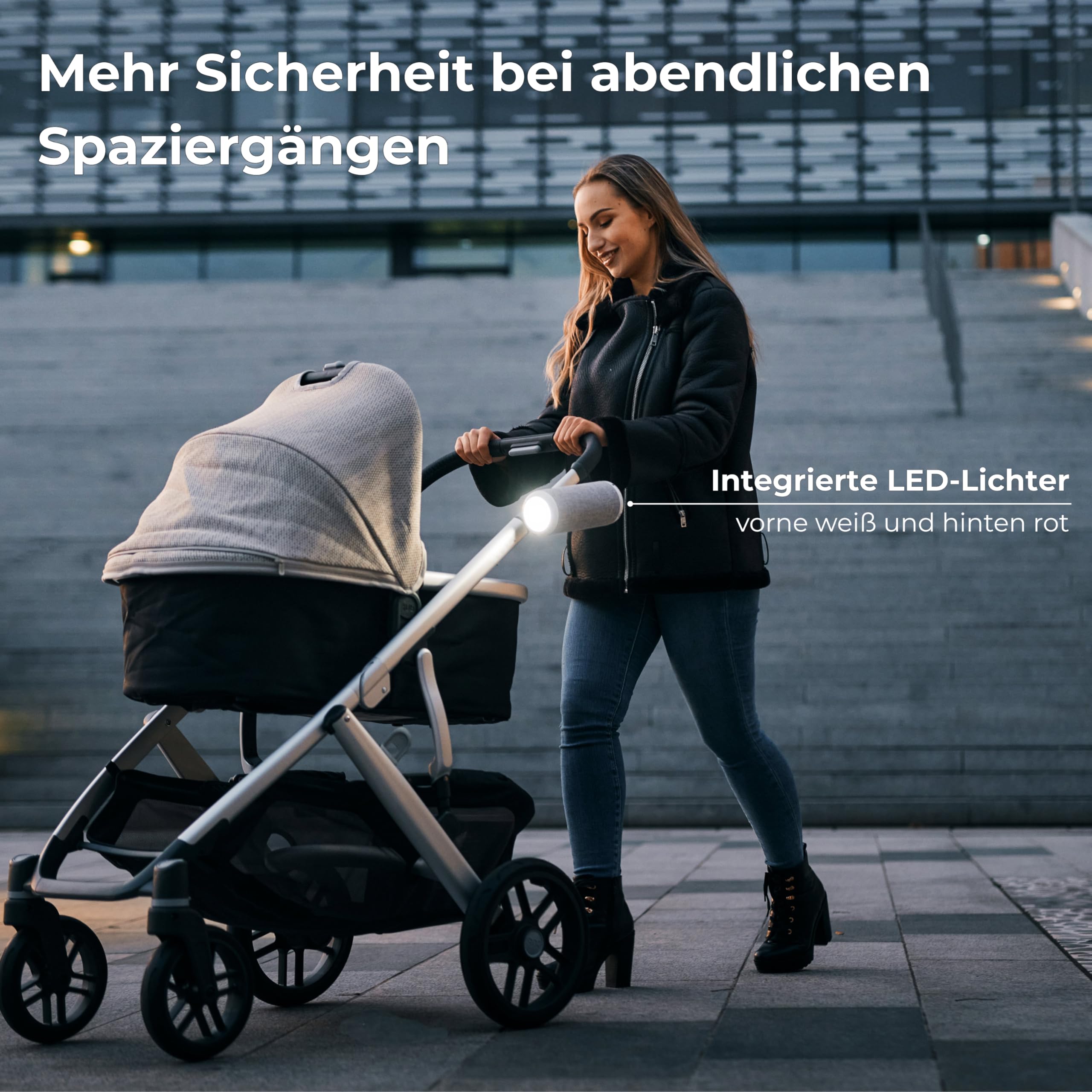 Automatischer wiederaufladbarer Schaukelaufsatz für Kinderwagen, mit Sicherheits-LED, 3 Schaukelstufen, bis zu 30 Stunden leiser Betrieb, USB-C – RockingRide PRO (Schwarz)