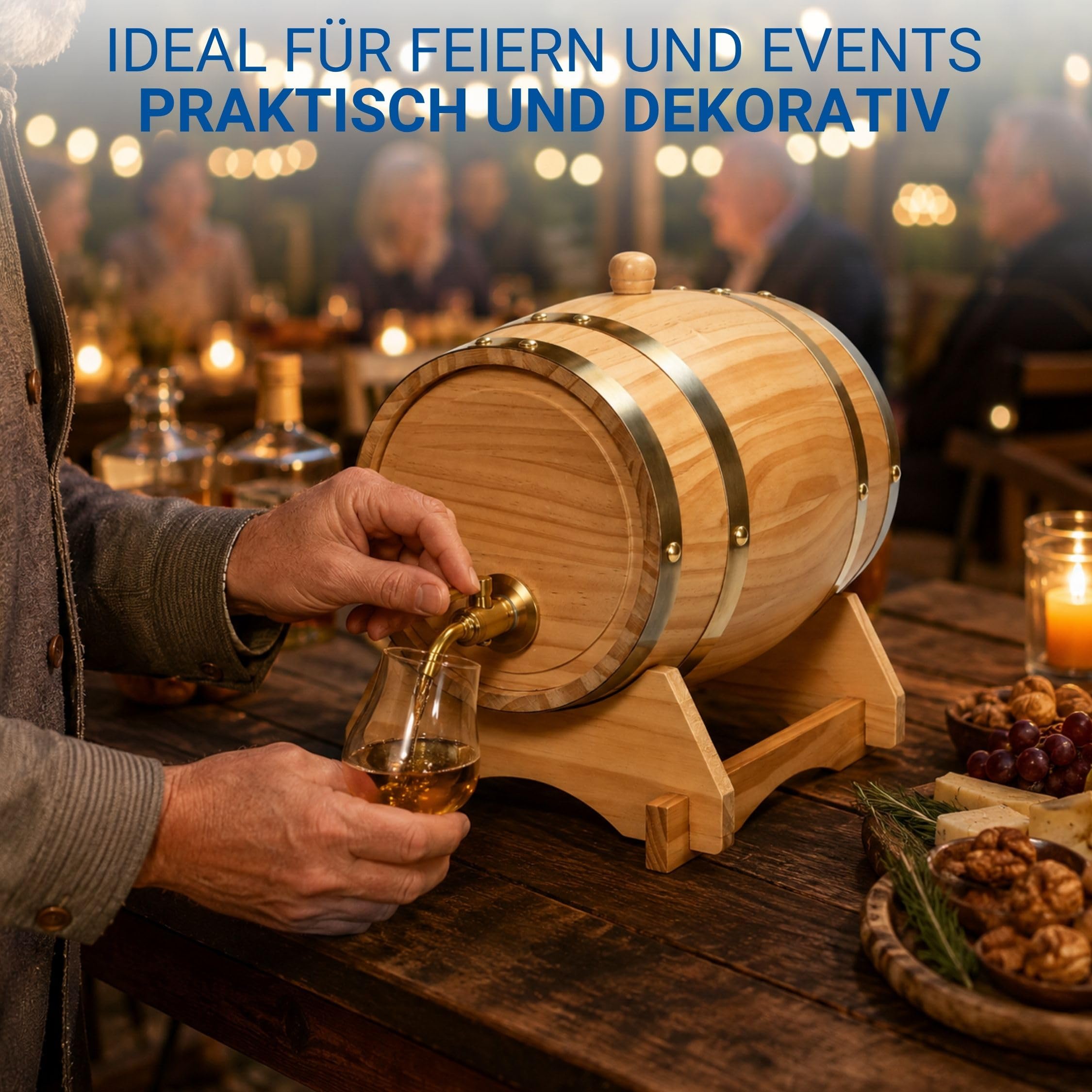 Holzfass 'Timber' 5 l - kleines Weinfass mit Zapfhahn, Beutel und Bock - dekoratives Fass für Whisky, Wein und Schnaps - Geschenkidee