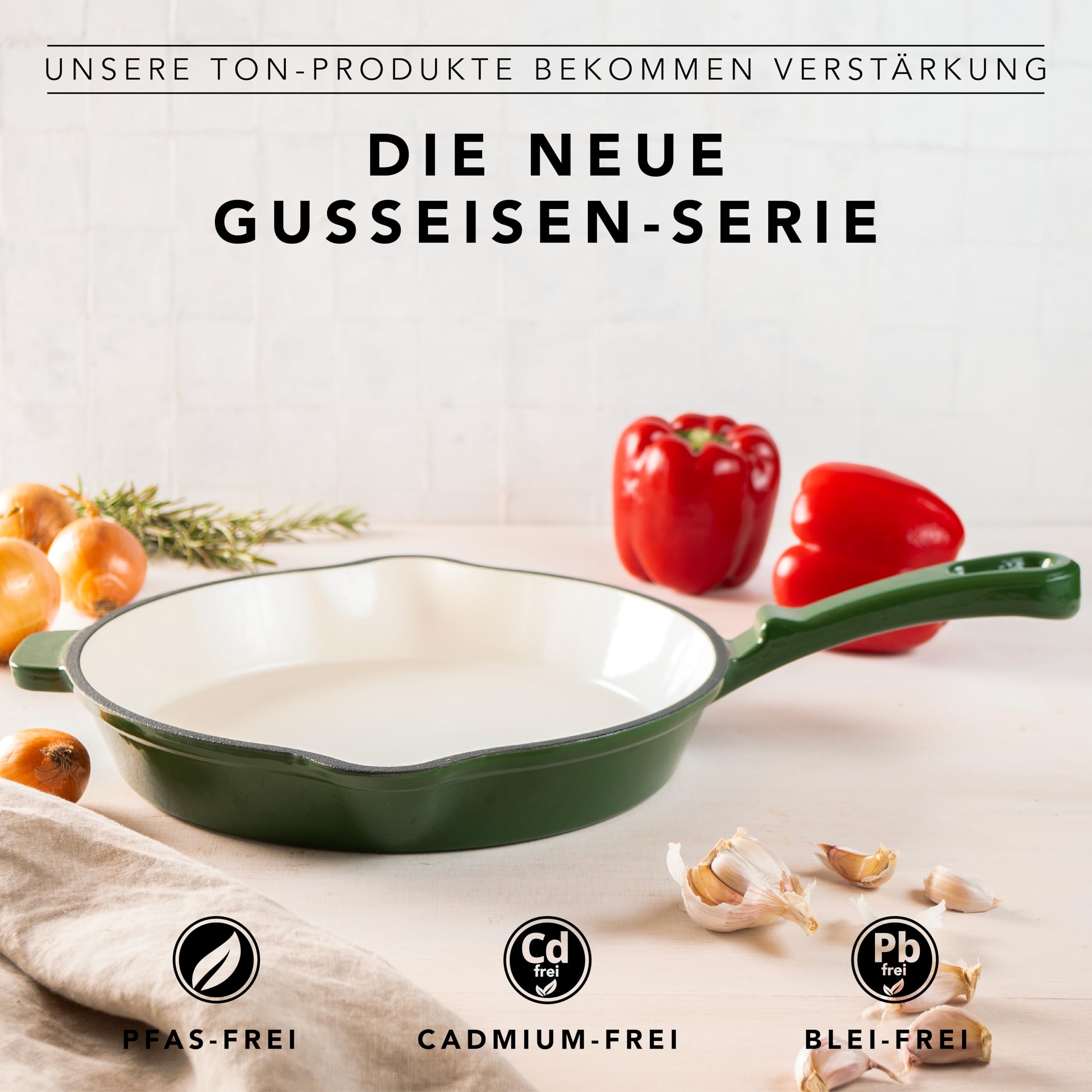 Römertopf Gusseisen Bratpfanne 28 cm emailliert für Induktion, Tiefgrün | Für alle Herdarten inklusive Induktion, backofenfest bis 250 °C, hohe Hitzespeicherung, PFAS-frei