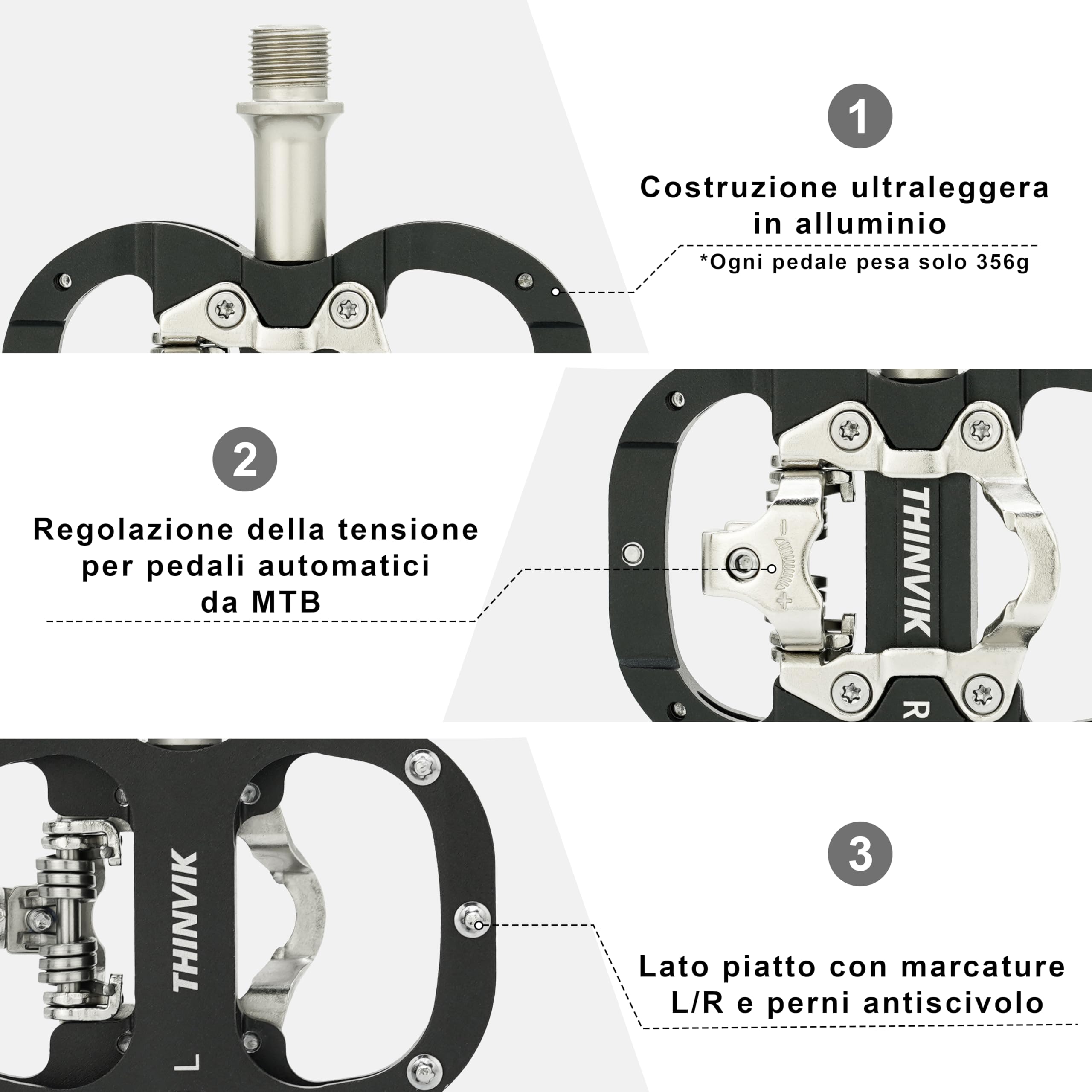 Thinvik Pedali per Bicicletta Shimano SPD – Doppia Funzione Piattaforma e Pedali Automatici per MTB 9/16'', Inclusi I Tasselli Compatibili, Colore Nero/Argento