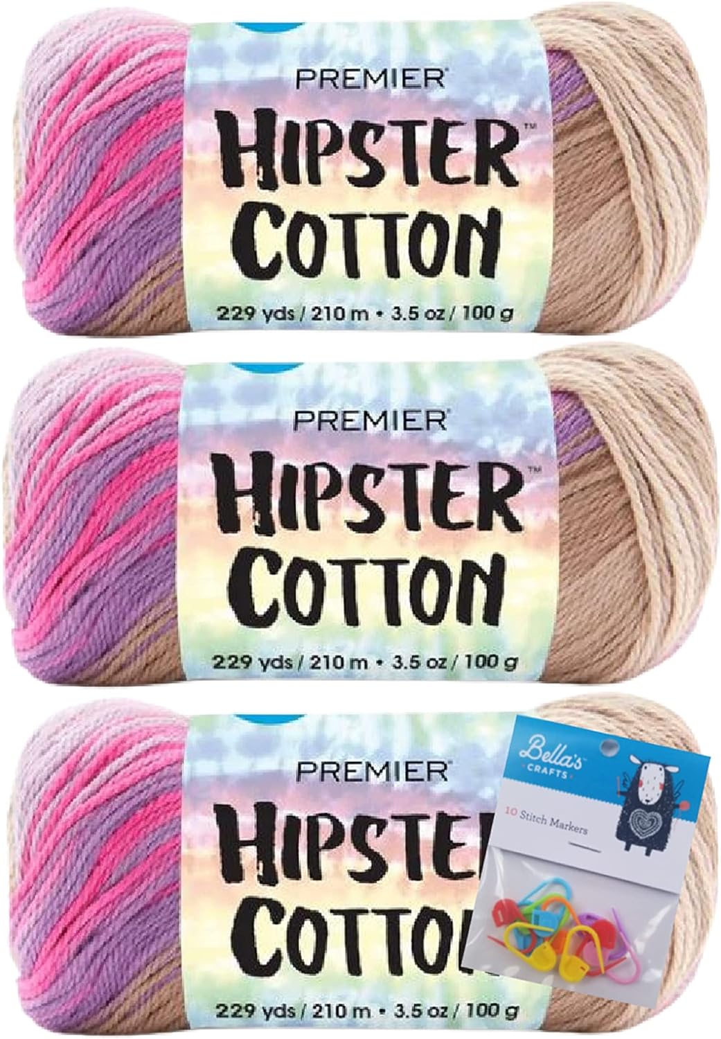 Premier Yarns Hipster Cotton Yarn - 3.5 Oz - #3 DK Light Weight - 3 Pack Bundle with Bella's Crafts Stitch Markers (Berry Rumble)