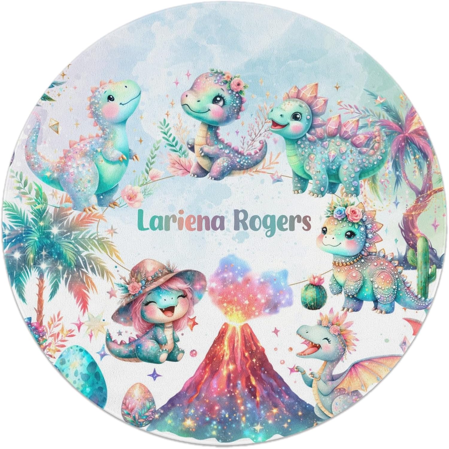 Custom Name Washable Round Area Rug, Dino Girl Fantasy Landscape Non-Slip Round Rugs 80CM-Soft Flannel Circle Carpet for Living Room Bedroom Kitchen Nursery,Dinosaur for Boys Girls