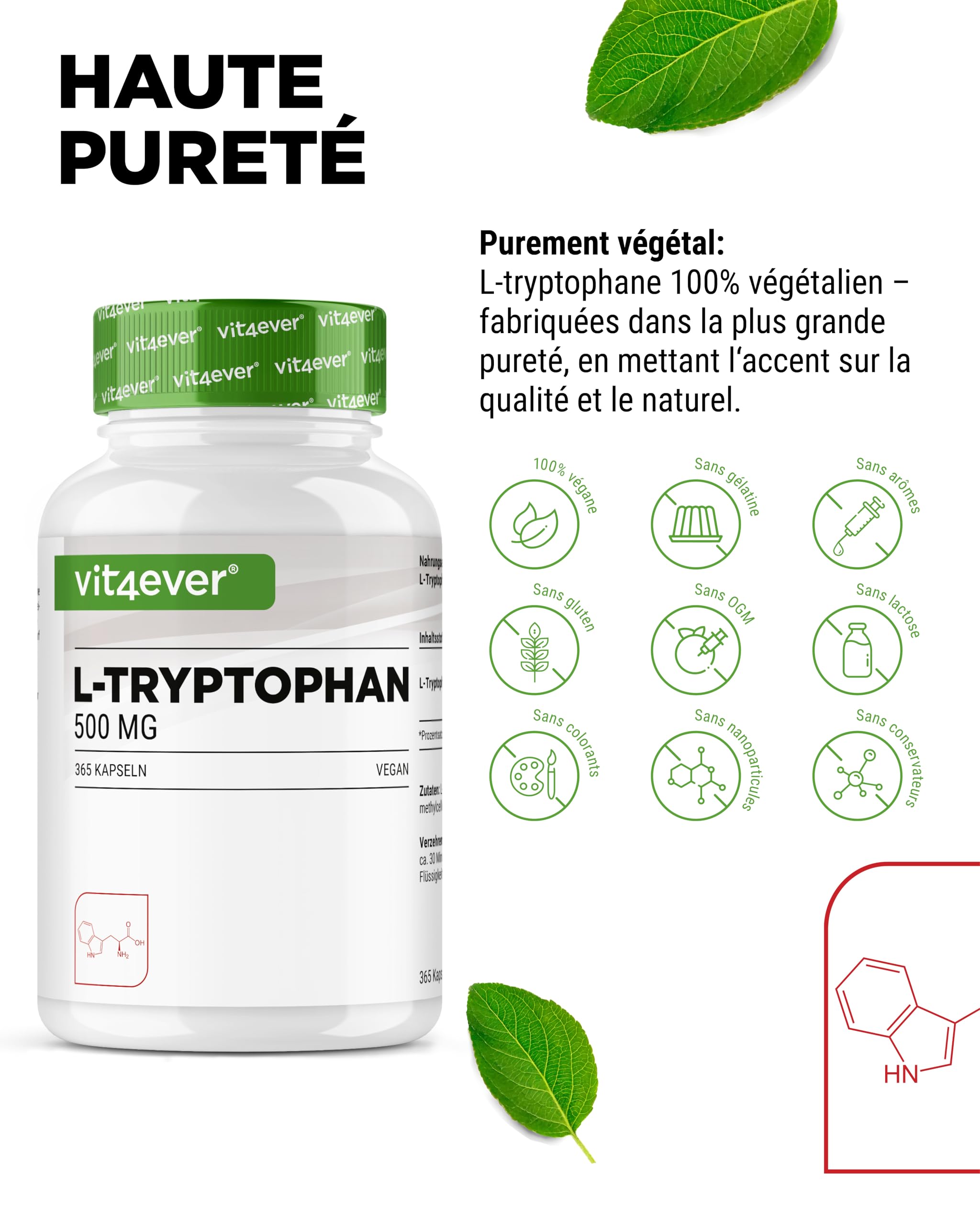 L-Tryptophane - Hautement Dosé avec 500 mg par Gélule - 365 Gélules Véganes - Réserve de 12 Mois - Issu de Fermentation Végétale - sans Additifs Inutiles, Végan