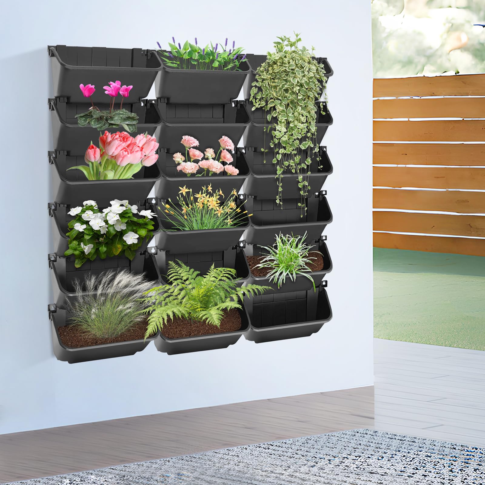 Juego de 18 macetas verticales de pared con sistema de riego por goteo, 350ml, para pared, 70kg, jardín vertical para balcón o jardín, 33*14*18.5cm, Negro