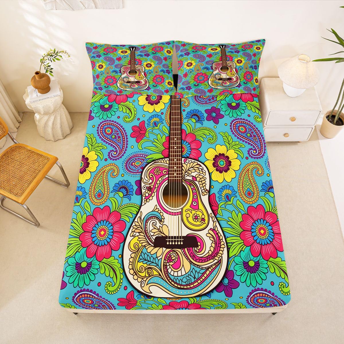 Homewish Paisley zestaw prześcieradeł podwójne boho kwiatowe prześcieradła lata 70. hipisowska gitara muzyczna pościel - egzotyczny kwiat boho prześcieradła zestaw 4-częściowy