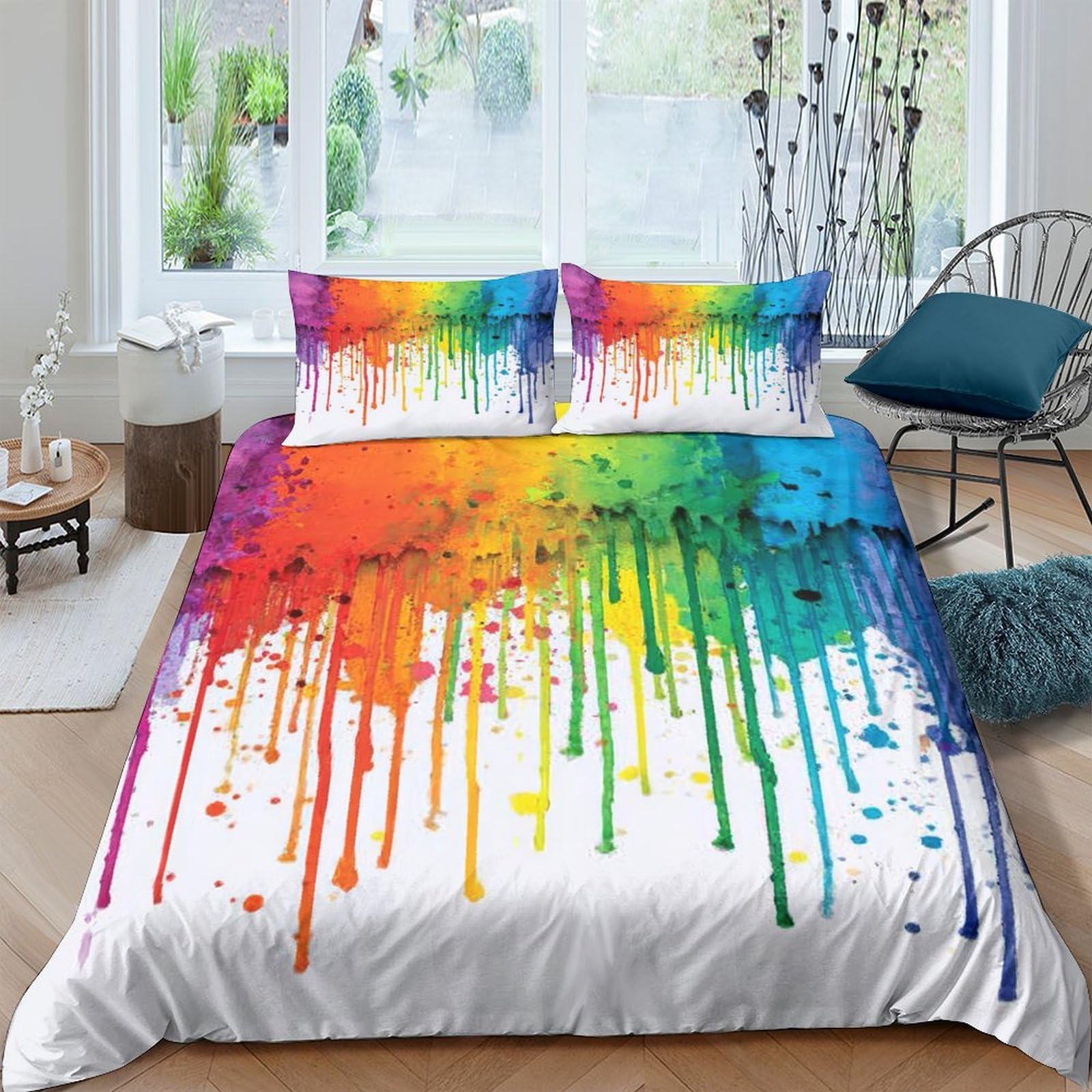 Ctjqhvkz Style-9 3D Printed Rainbow Paint Splash Fitted Sheet Microfiber Colorful Drip Bed Cover For Bedroom Guest Room Dorm Mattress Protection Single（135X200cm）