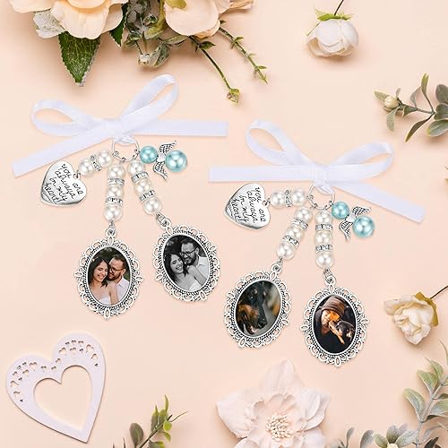 Miniatura 5 de Encanto de ramo de boda con foto personalizada, marco de fotos personalizado, ángel de campana, dije algo azul para fiesta nupcial, Navidad,