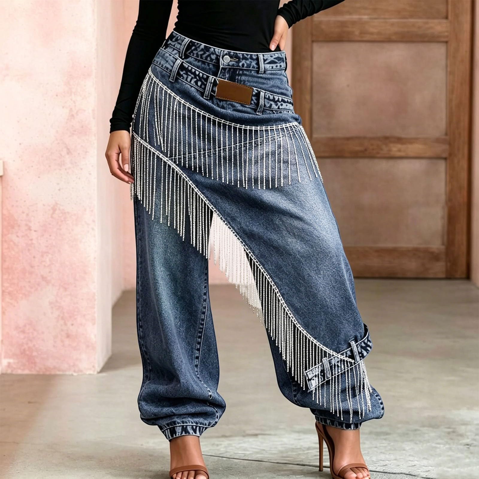 Genérico Baggy Jeans,Elegantes Jeans Apilables De Talle Alto para Un Ajuste Moderno Mezclilla Desgastada con Patchwork