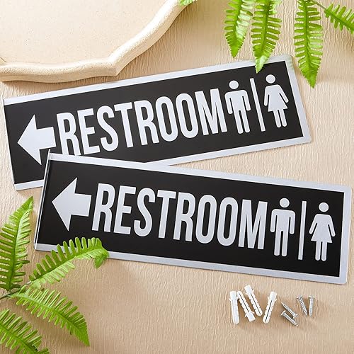 Miniatura 5 de Letrero de metal de doble cara de 12 x 4 pulgadas, letrero de baño de aluminio negro para puerta de baño de negocios, baño, decoración de pared con