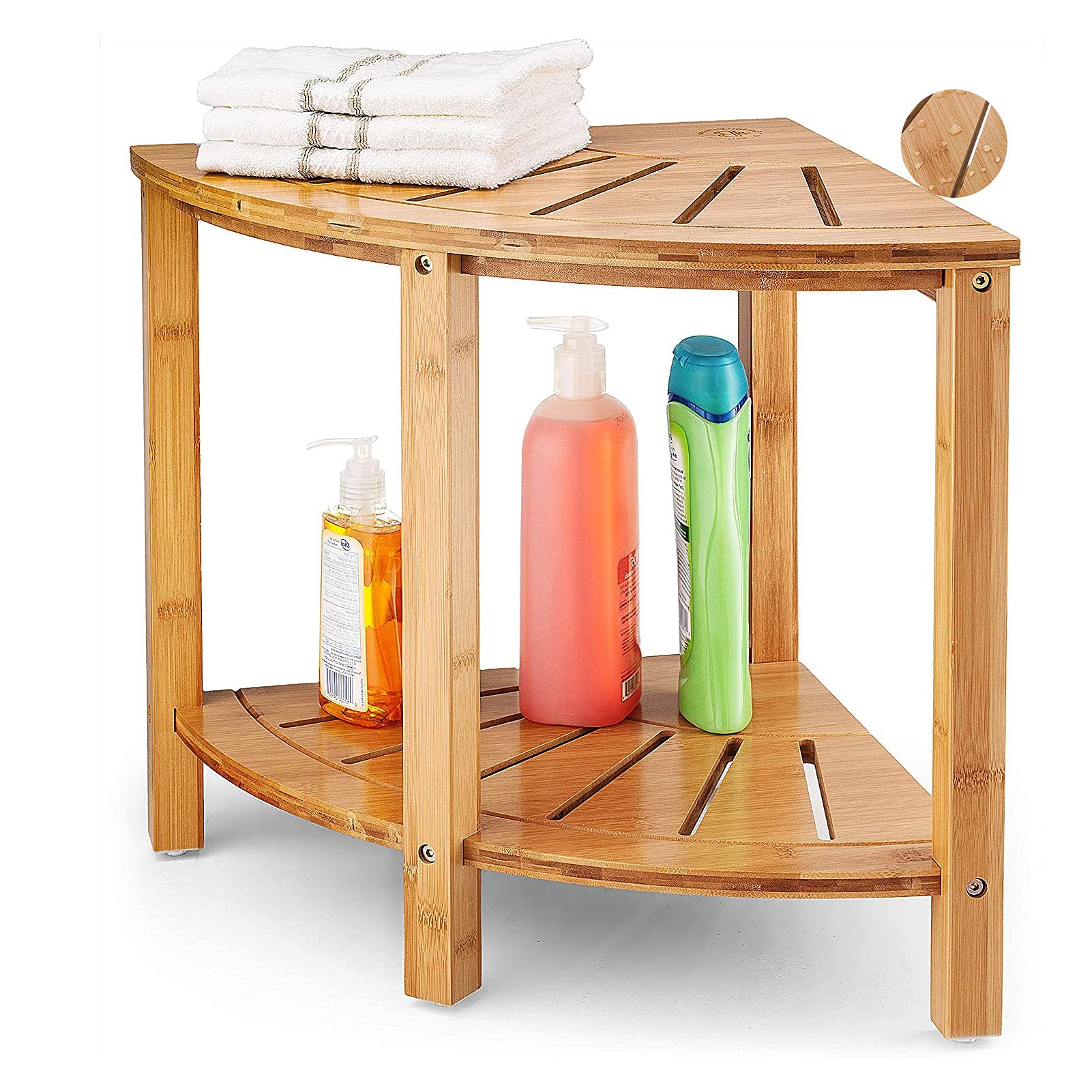 Exquisite Bathroom Shelves Bamboo Corner Shower Stool Waterproof Corner Shower Bench Seat With Space-Efficient Storage Shelf 2-Tier Wood