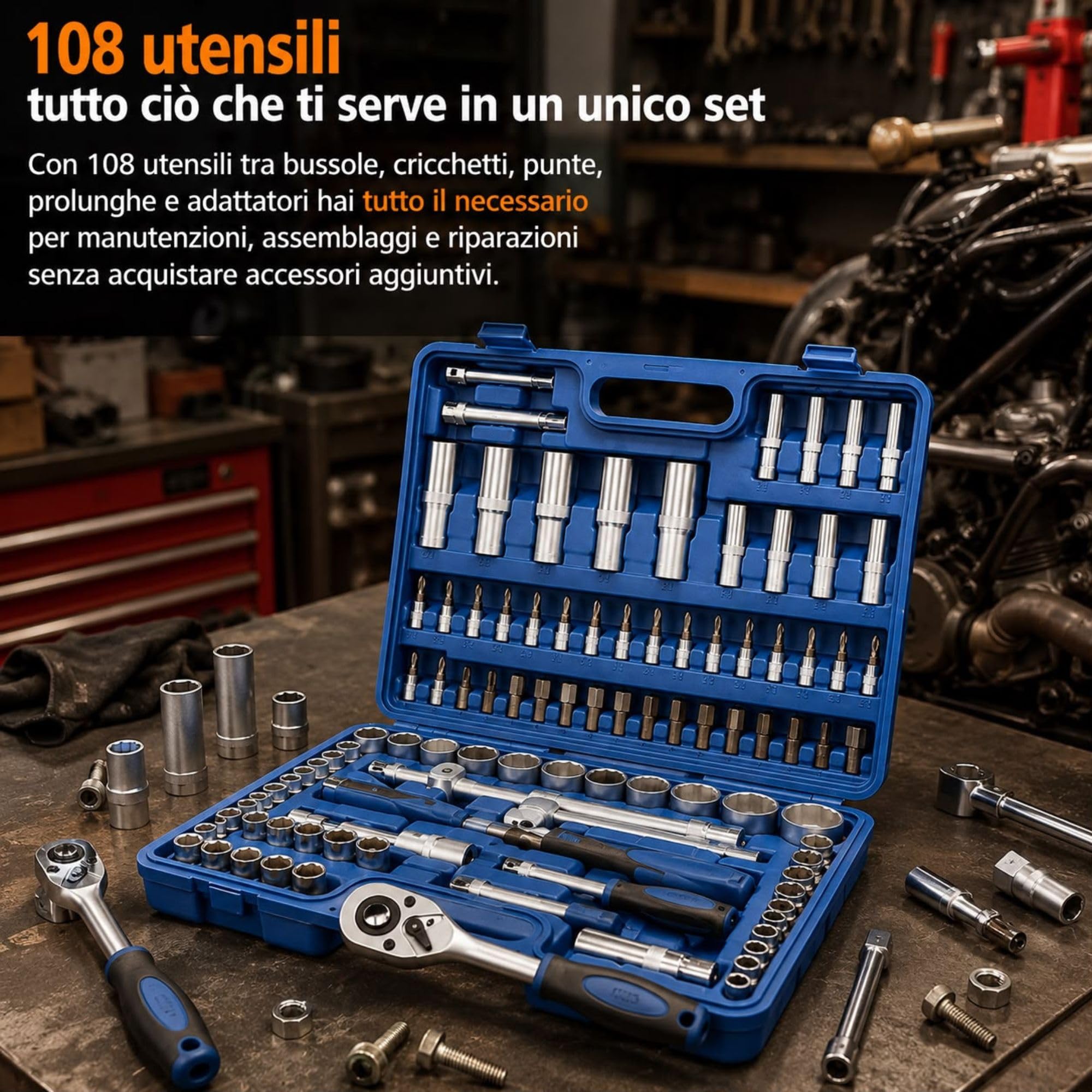 108 Pezzi CR-V 1/2" e 1/4" Chiavi a Cricchetto PROFESSIONALI con Valigetta