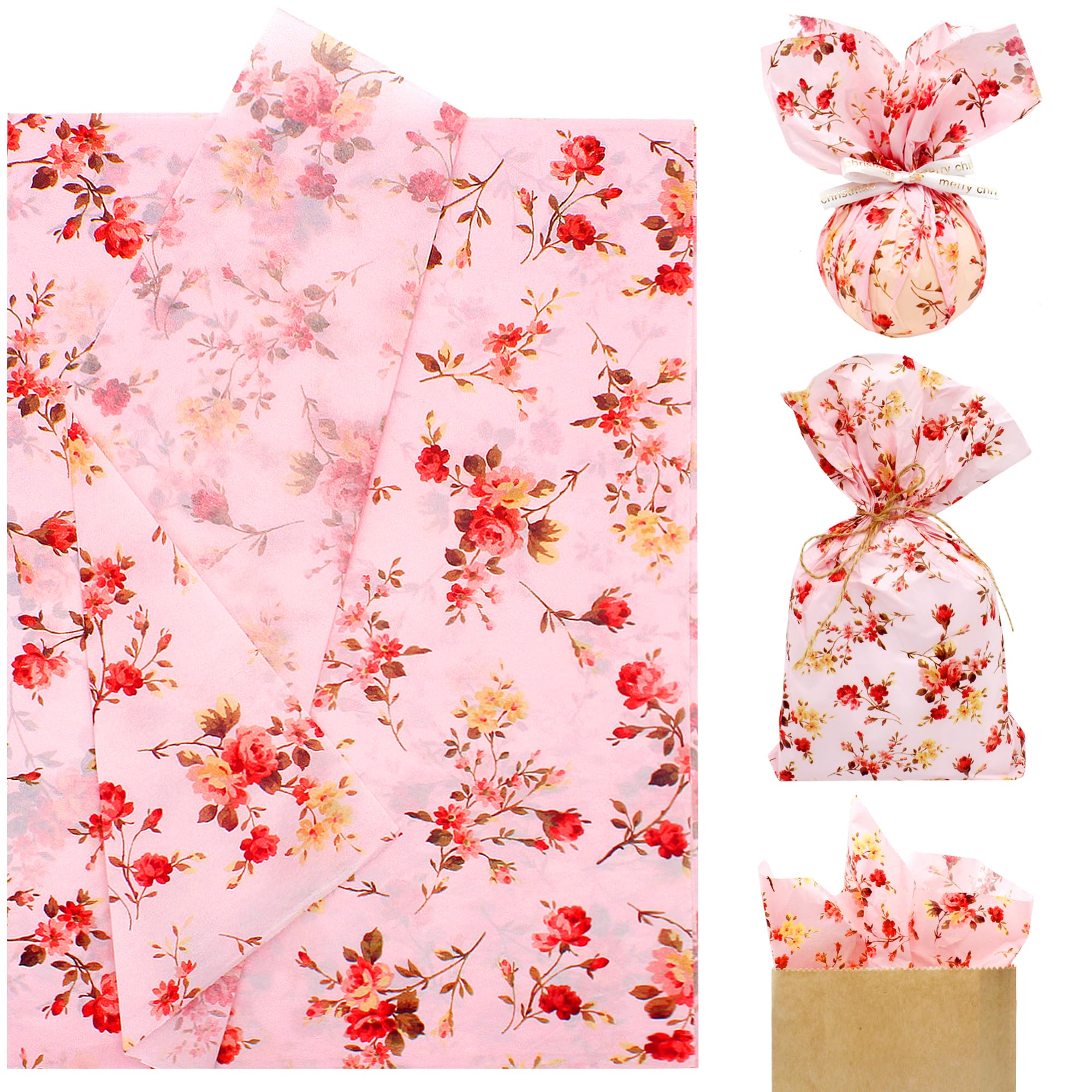 Benvo Floral Print Tissue Paper - 20 Sheets, 20x29 inch Decoupage Paper for Spring Wedding, Birthday, Baby Shower (Style D)