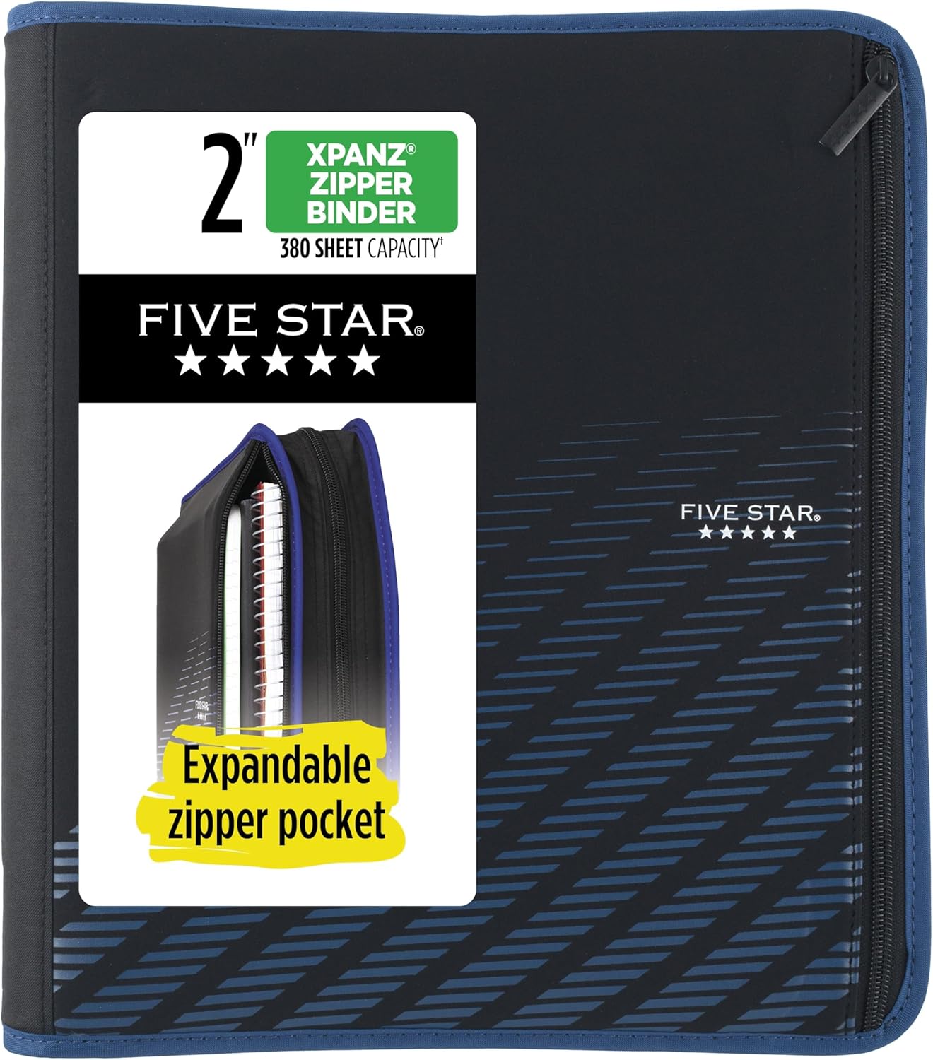 Five Star Zipper Binder, 2 Inch 3-Ring Xpanz Case Binder with Expansion Panel, Removable Pencil Pouch, 380 Sheet Capacity, Black & Blue (280109A)