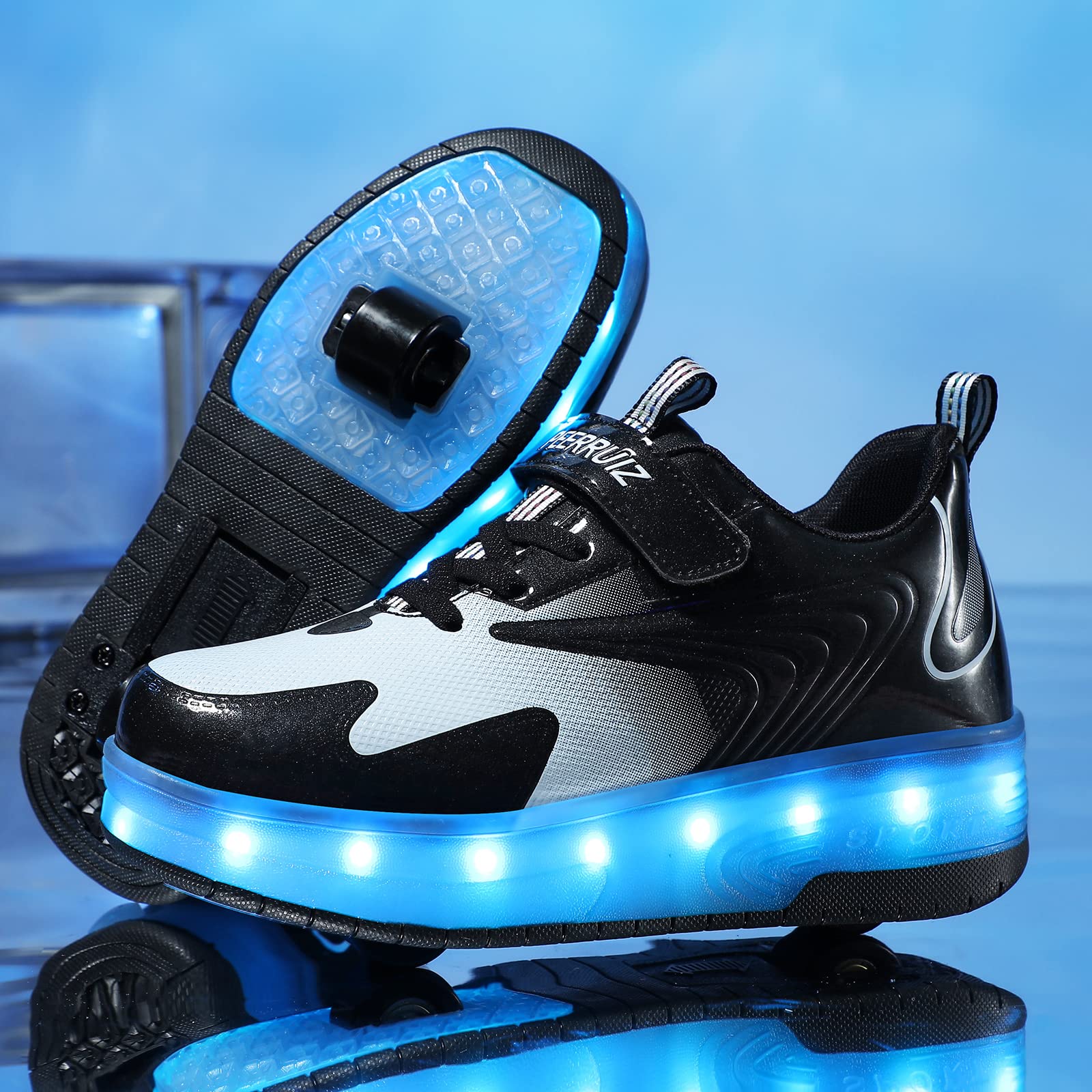 Axcer LED Skateboardschuhe Blinkend Schuhe Mit Rollen Automatisch Einziehbar Komfort Räder Sneaker Outdoor Fitnessschuhe 7 Farbwechsel Rädern Gymnastik Traillaufschuhe für Jungen Mädchen Geschenk
