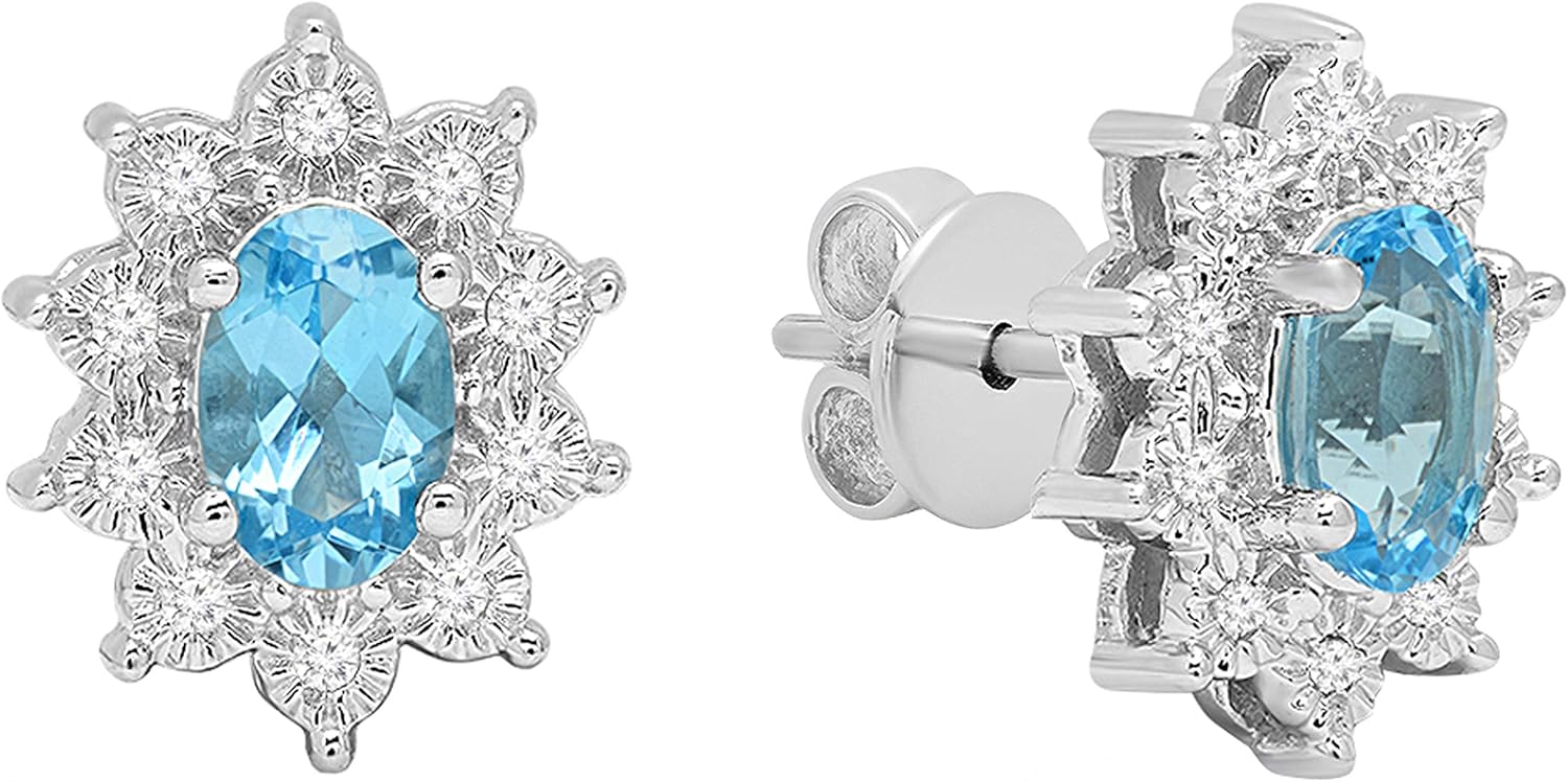 Dazzlingrock Collection 6X4mm Oval Gemstone & Round White Natural Diamond Women Flower Cluster Fashion Stud Earrings, in Real Solid Gold & 925 Sterling Silver