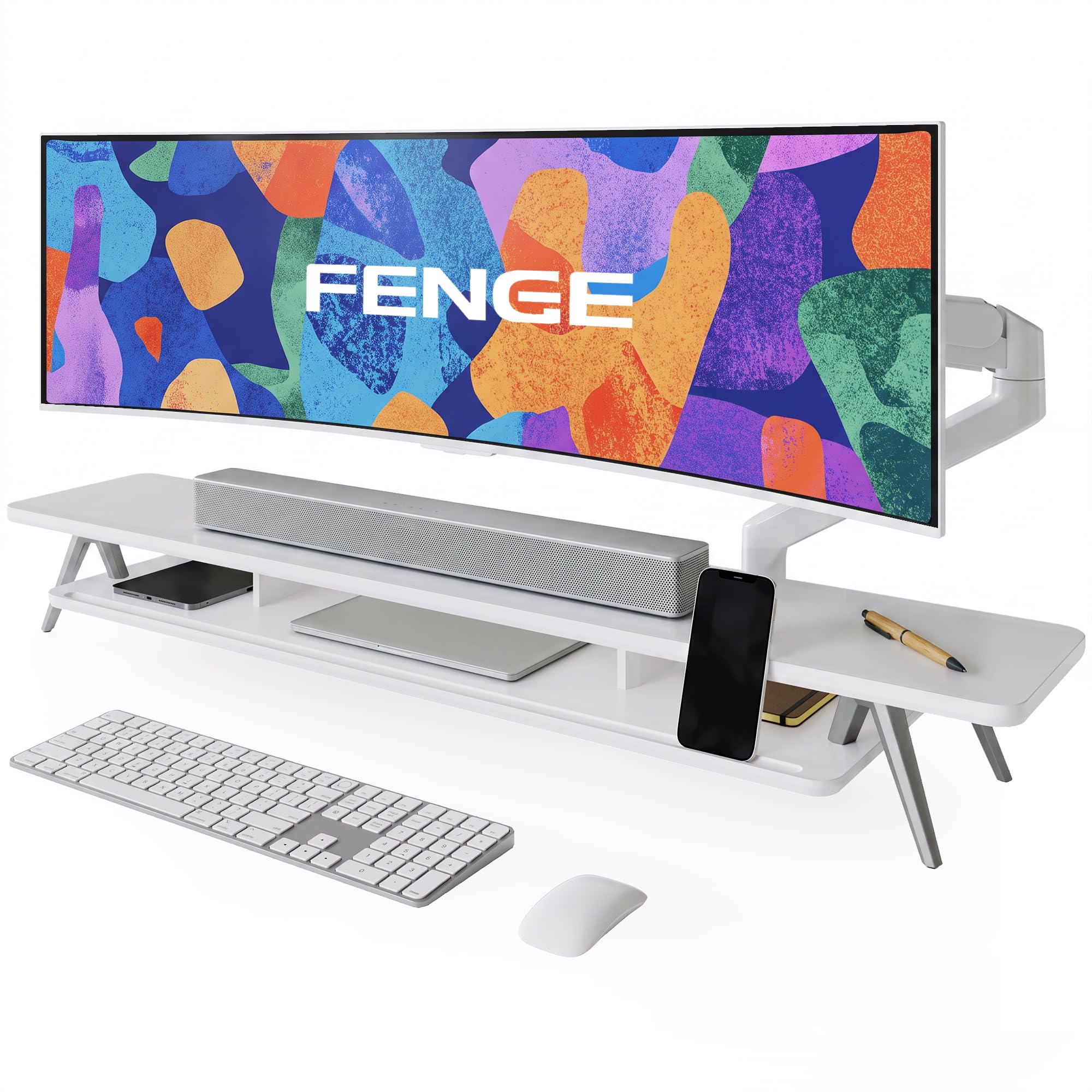 Fenge Dual Monitor Stand Riser, Wooden Desk Shelf with 2-Tier Storage