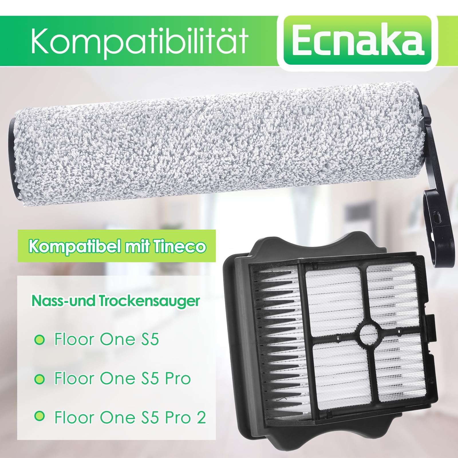 6 Stück Bürstenrolle Zubehör Ersatzteile für Tineco Floor One S5/S5 Pro/S5 Pro 2/S5 Extreme Nass- und Trockensauger(2 Bürstenwalze + 4 HEPA-Filter)