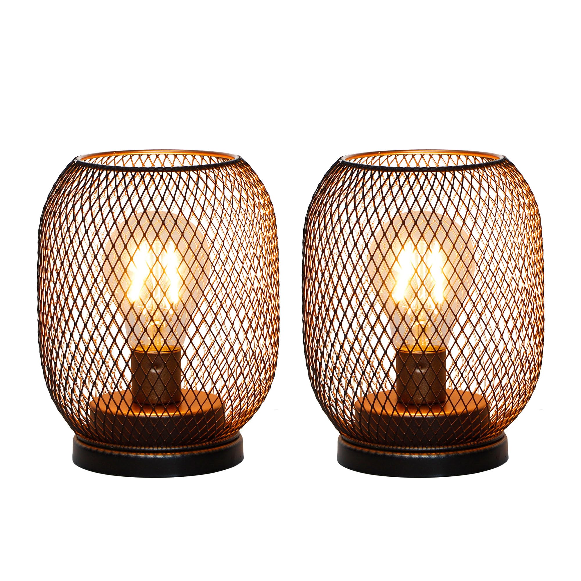 Trirocks Bronze Set Of 2 Battery Operated Table Lamp, Metal Cage Cordless Lantern With Led Bulb, Oval Vintage Decorative Outdoor Lights For Weddings, Parties, Patio For Indoors Shelf