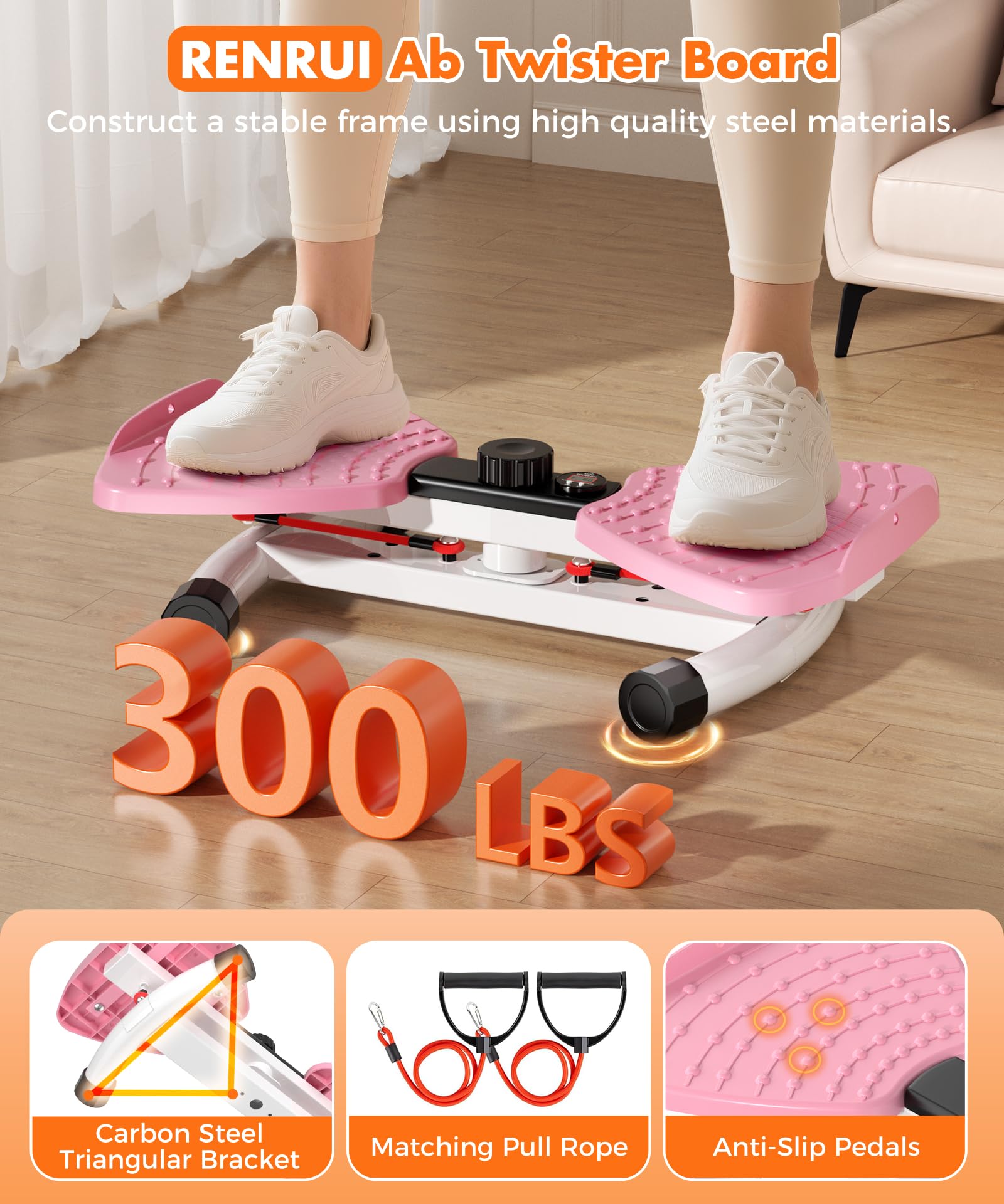 RENRUI Waist Twister Machine Exercise Fitness Tool, Ab Twister Board with the Smart LED Digital Monitor, 300lbS Capacity & 20dB Ultra-Quiet, Anti-Slip Home Gym Workout Equipment（Pink）