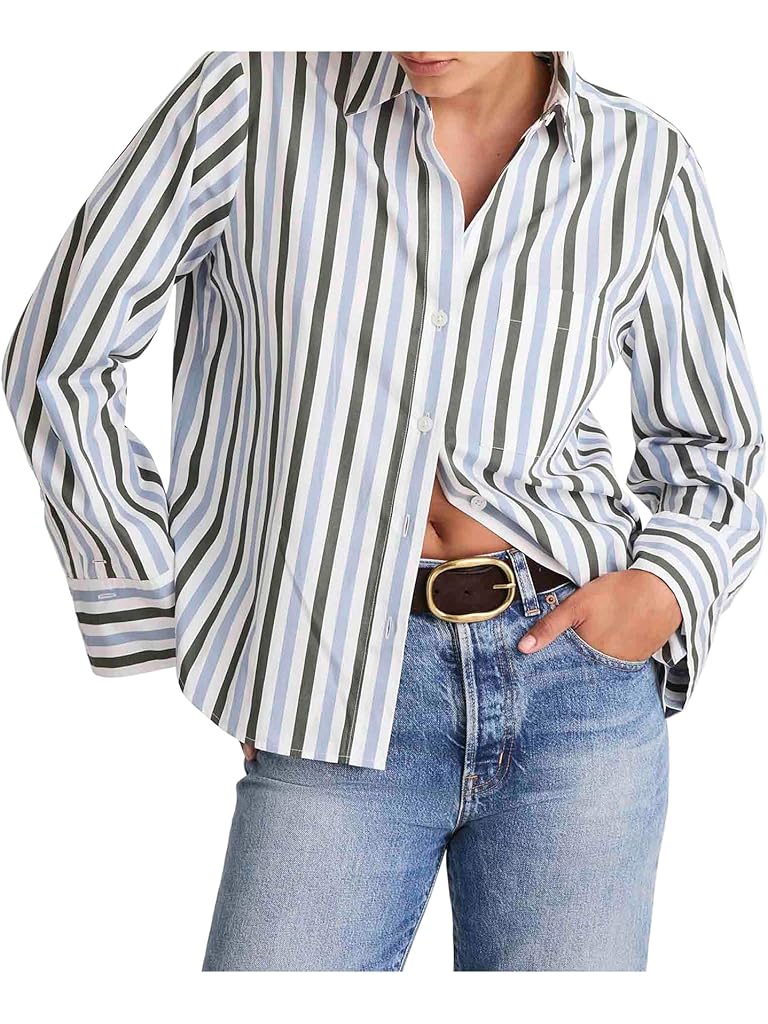 Blue Madewell Y Neck Shirt With Adjustable Sleeve
