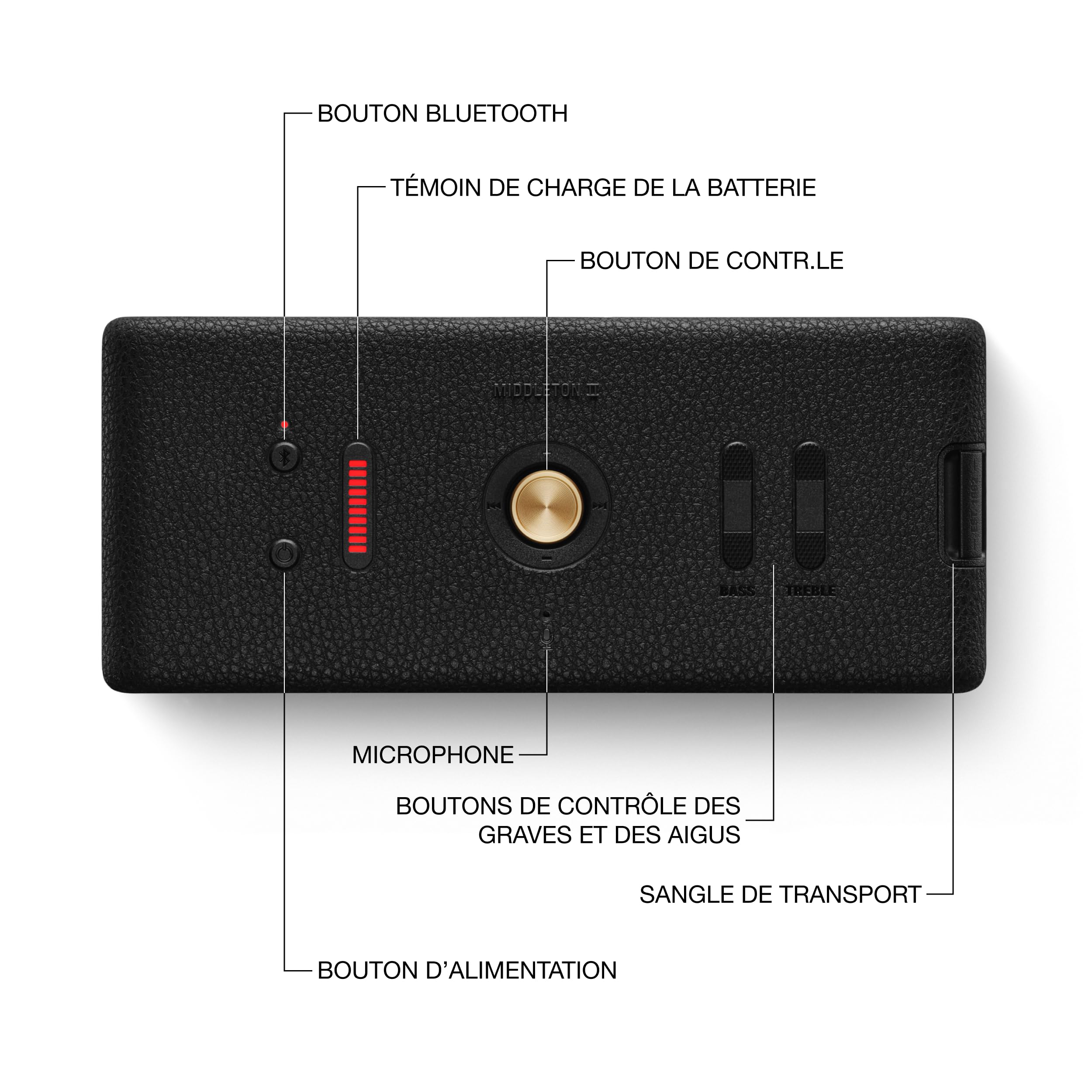 Marshall Middleton II Enceinte Bluetooth Portable Plus de 30 Heures d'autonomie, étanchéité IP67 - Noir et Laiton