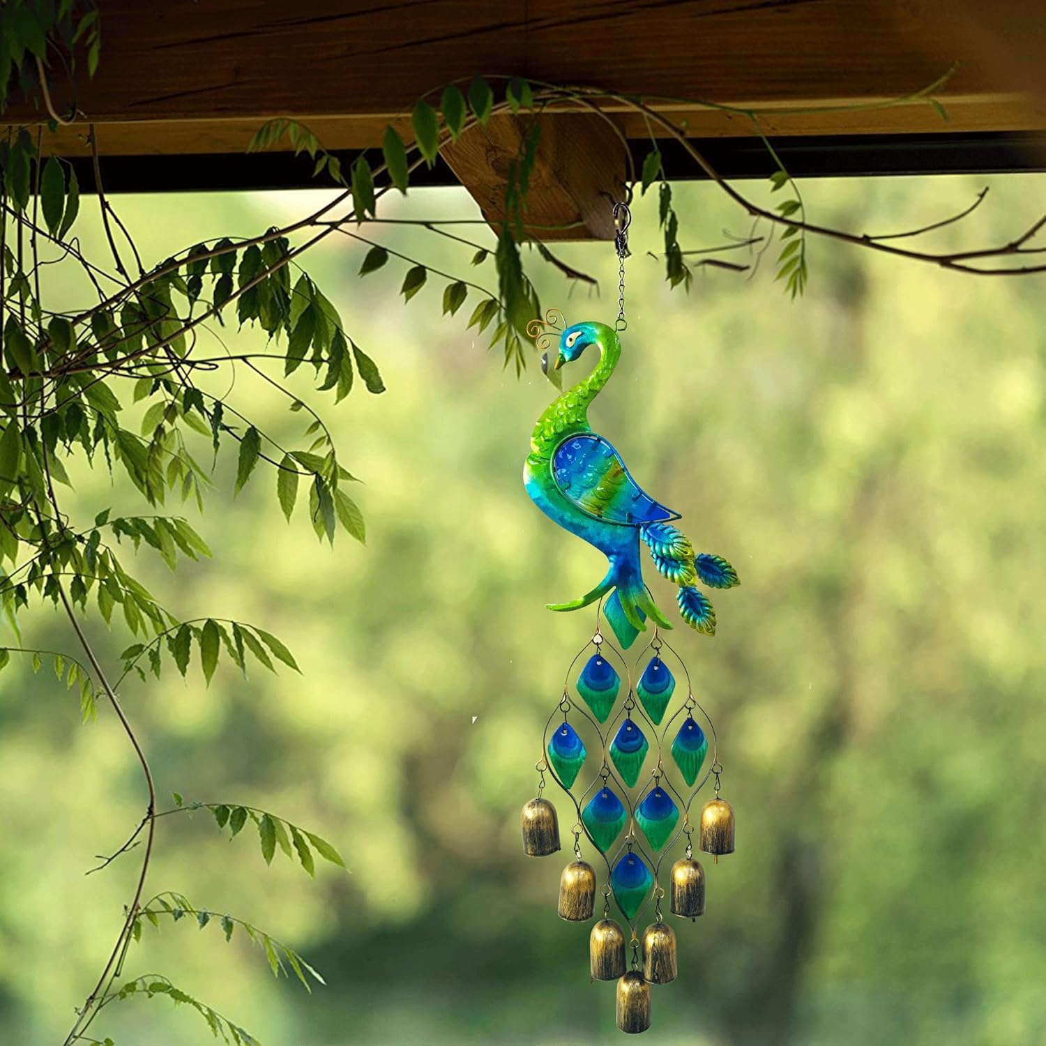 Outdoor Chimes Gifts for Women, Colorful Peacock Wind Chimes-Metal and Glass Hanging Sculpture,Birthday Gifts for Mom Grandma Wife