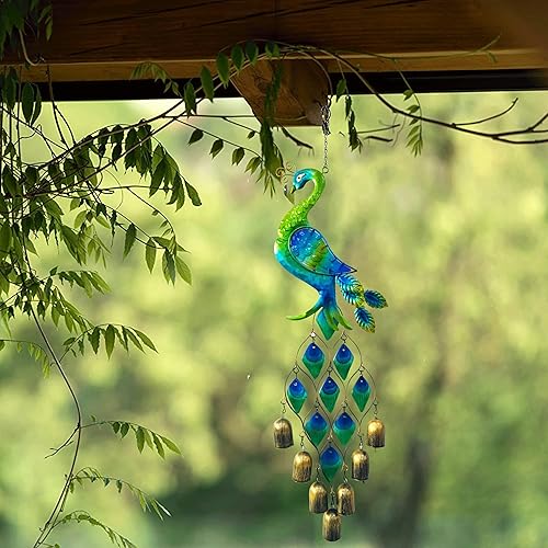 Miniatura 4 de Campanillas de aire libre regalos para mujeres, coloridas campanillas de viento de pavo real, escultura colgante de metal y vidrio, regalos de