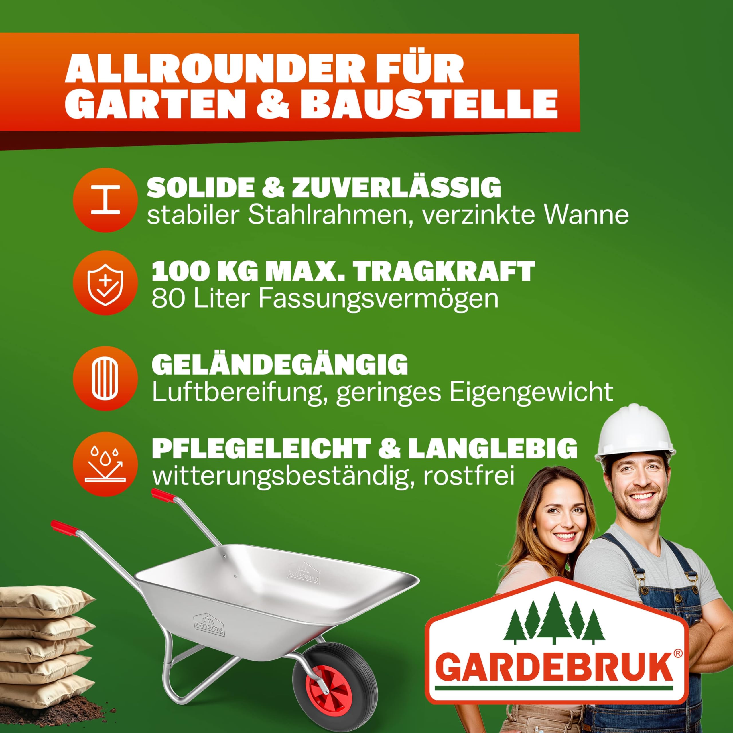 GARDEBRUK® Schubkarre 80 Liter bis 100kg Luftreifen mit Stahlfelge verzinkt Garten Bauschubkarre Gartenschubkarre