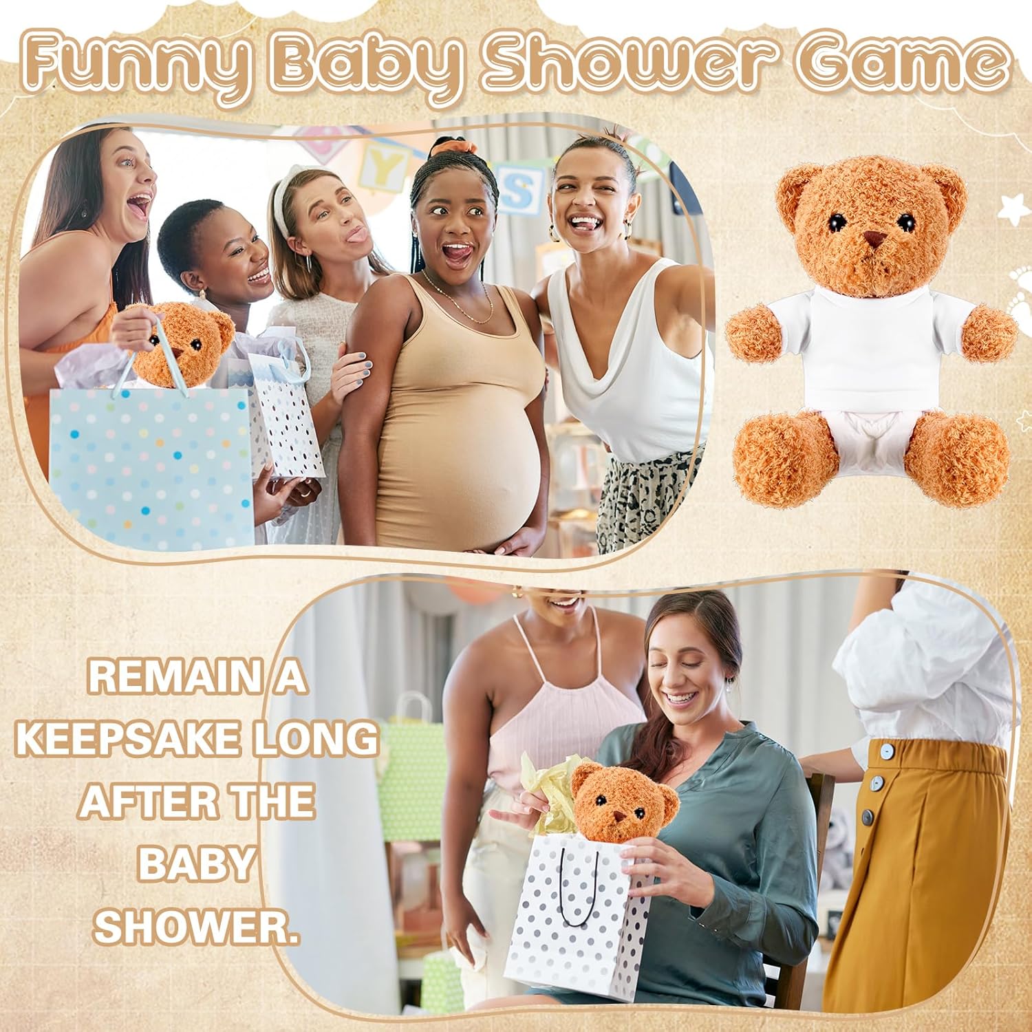 Soulchen 25 Pcs Baby Shower Bear Blindfolded Diaper Changing Games Set 12 Inch Brown Bear Boys Girls Funny Speed of Diaper Changing for Gender Reveal Party Bridal Shower Games Adults Prizes Gifts