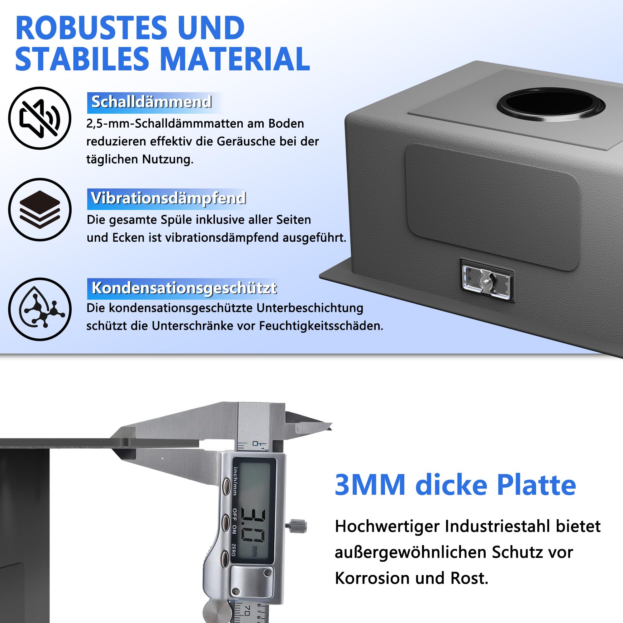 Schwarze Edelstahl Küchenspüle 40 x 30 cm, 1 Becken Spülbecken | Für Unterbau, flächenbündige oder aufliegende Montage, inklusive Ablaufgarnitur, ideal für Küche, Bar und Wohnmobil.