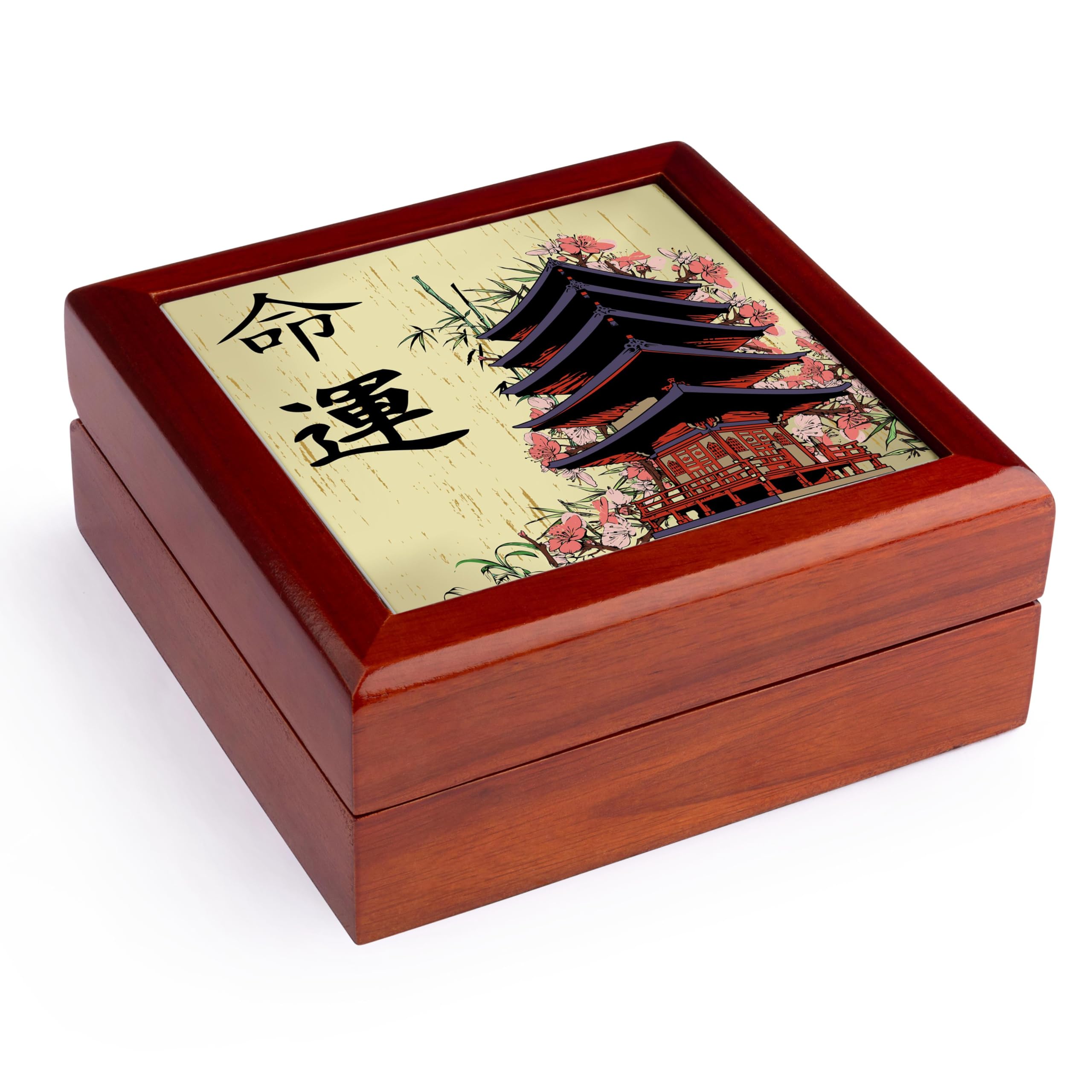 3dRose3dRose Beautiful Japanese Pagoda With Pink Sakura and Bamboo Destiny Luck Kanji Symbols Asian Design, Jewelry Box jb-116193-1